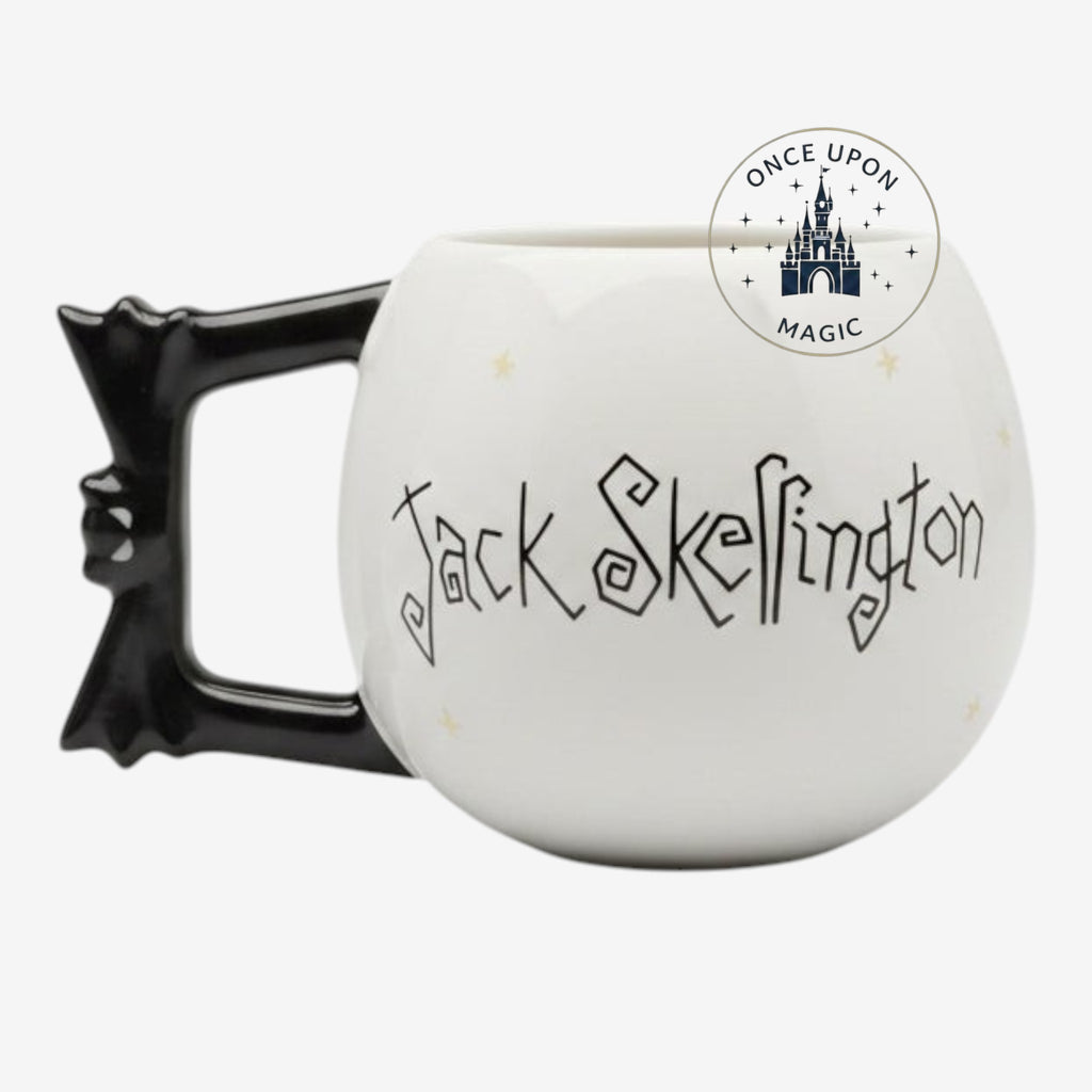 Once Upon Magic 3D ceramic mug featuring Jack Skellington with a black bat-shaped handle and signature lettering