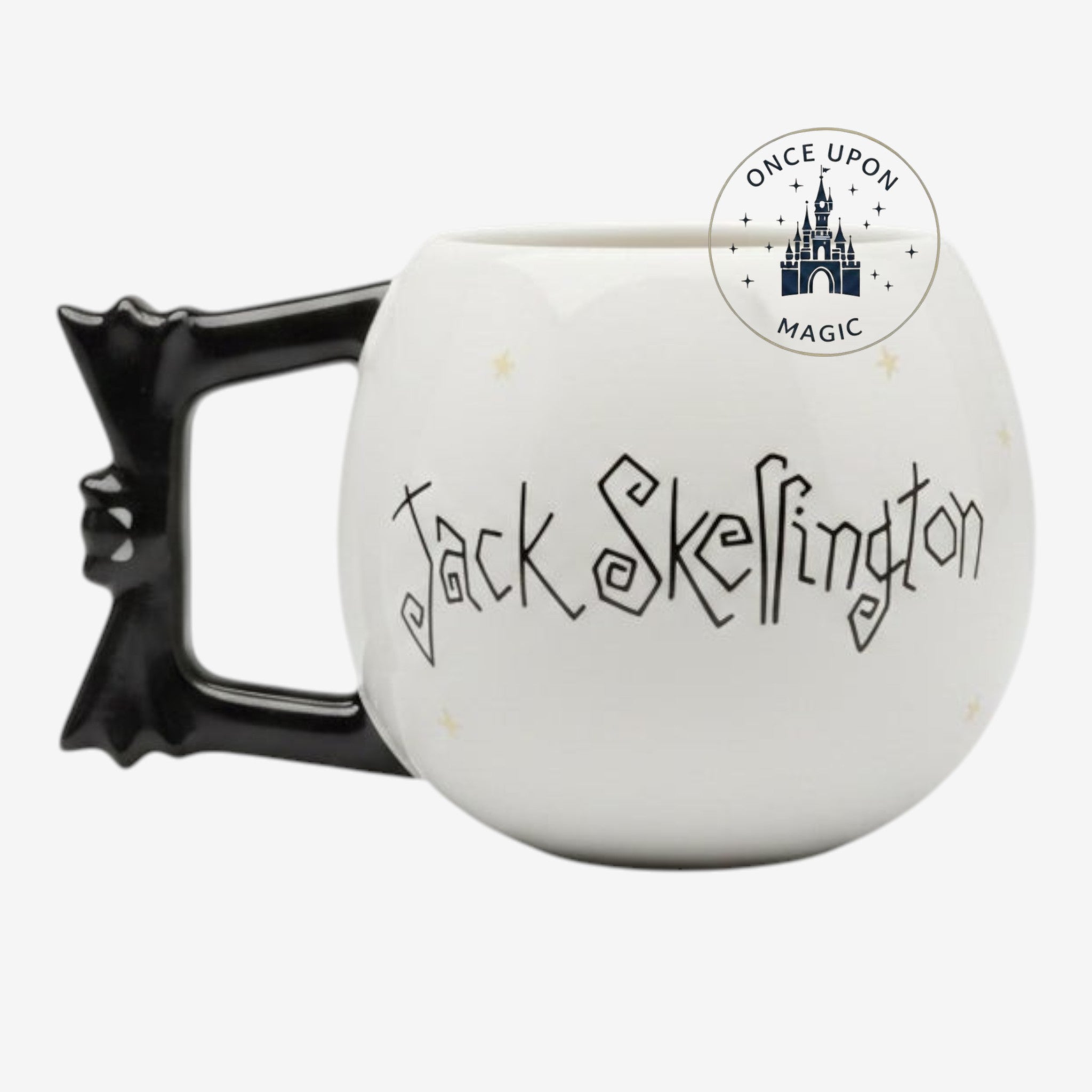 Once Upon Magic 3D ceramic mug featuring Jack Skellington with a black bat-shaped handle and signature lettering