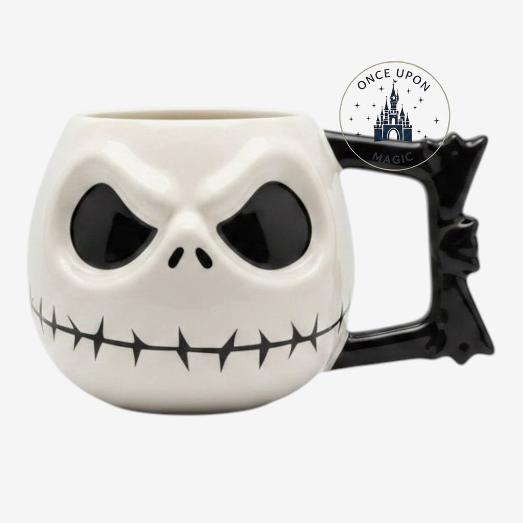 Once Upon Magic 3D ceramic mug shaped like Jack Skellington's head with a black bat-shaped handle.