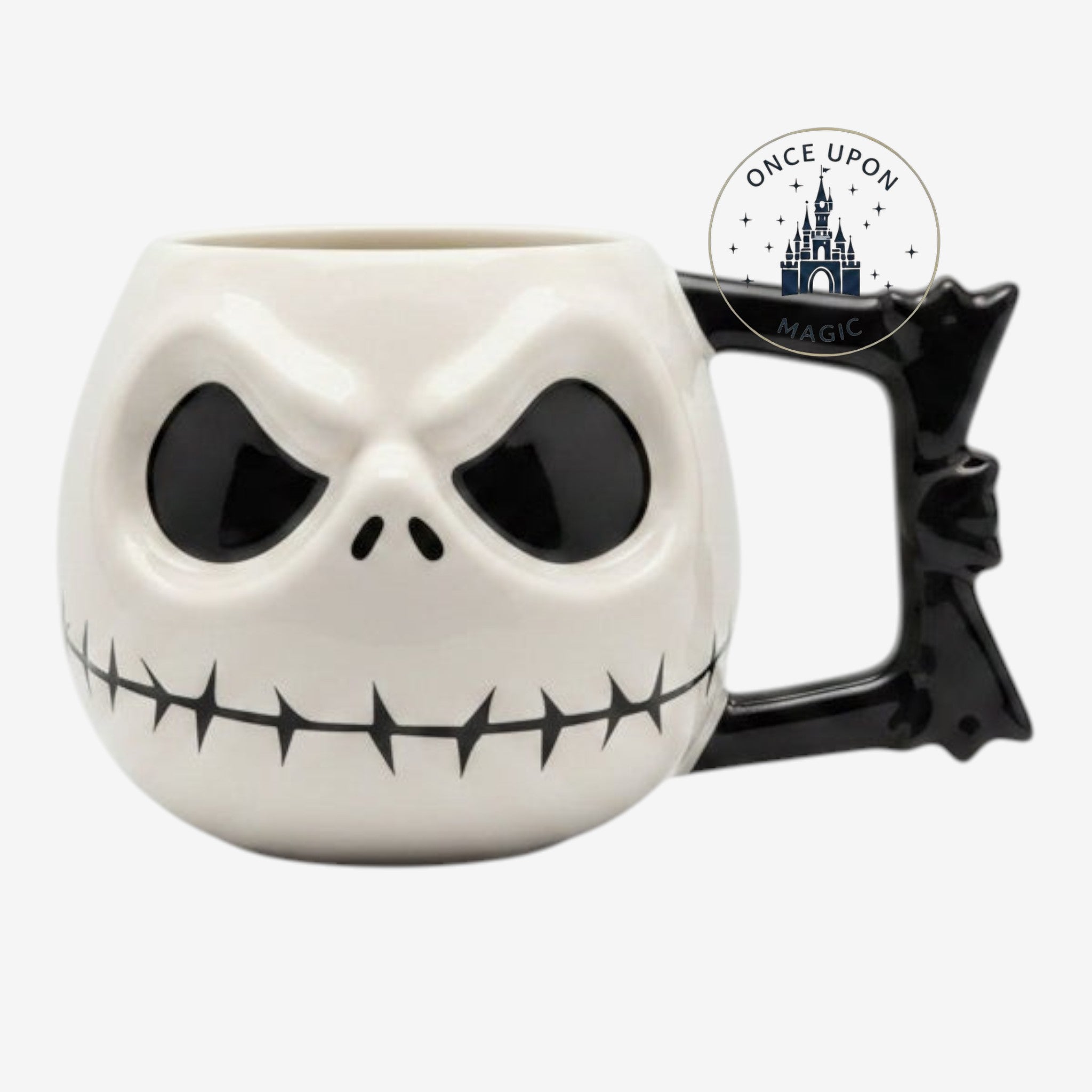 Once Upon Magic 3D ceramic mug shaped like Jack Skellington's head with a black bat-shaped handle.