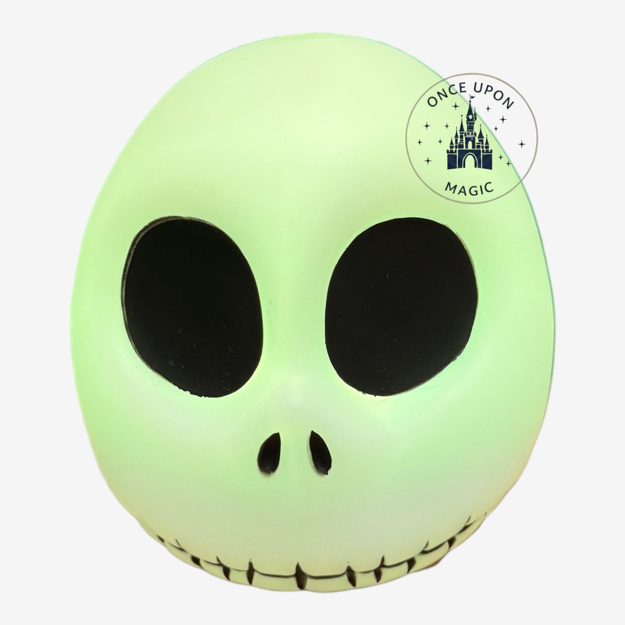 Once Upon Magic Jack Skellington mood light with a pale green glow and iconic stitched smile face design.