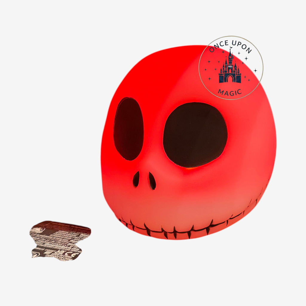 Once Upon Magic Jack Skellington mood light glowing in vibrant red, featuring his iconic stitched smile and eyes.