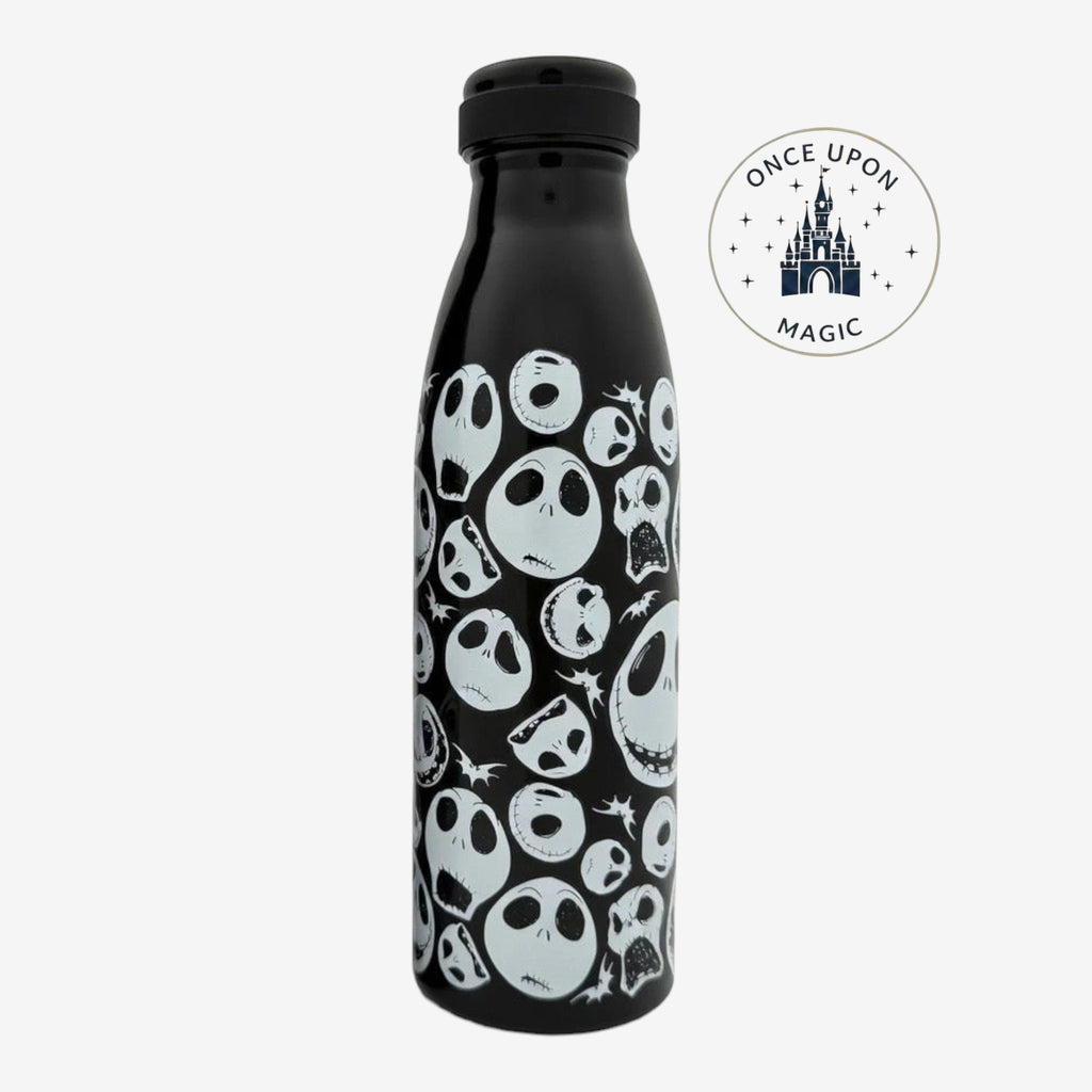 Once Upon Magic black reusable water bottle featuring a white Jack Skellington pattern from The Nightmare Before Christmas