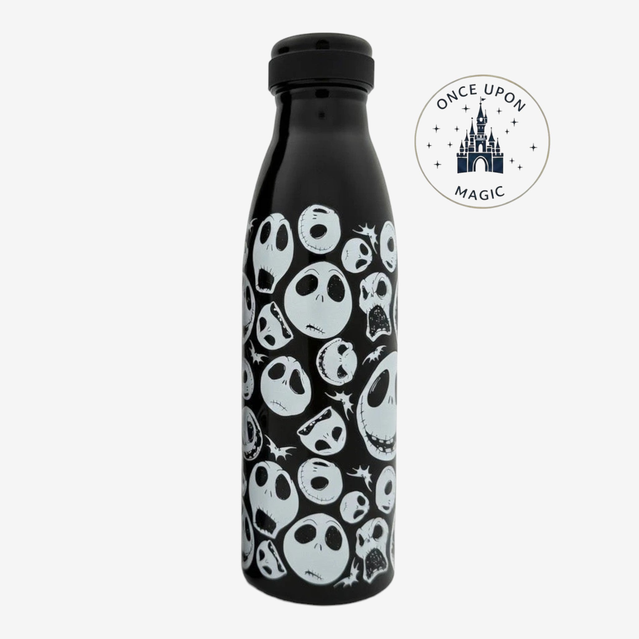 Once Upon Magic black reusable water bottle featuring a white Jack Skellington pattern from The Nightmare Before Christmas