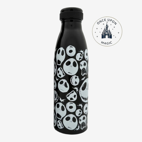 Once Upon Magic black reusable water bottle featuring a white Jack Skellington pattern from The Nightmare Before Christmas