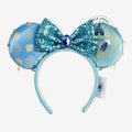 Once Upon Magic Jasmine ears headband with turquoise sequins bow and gold peacock feather details.