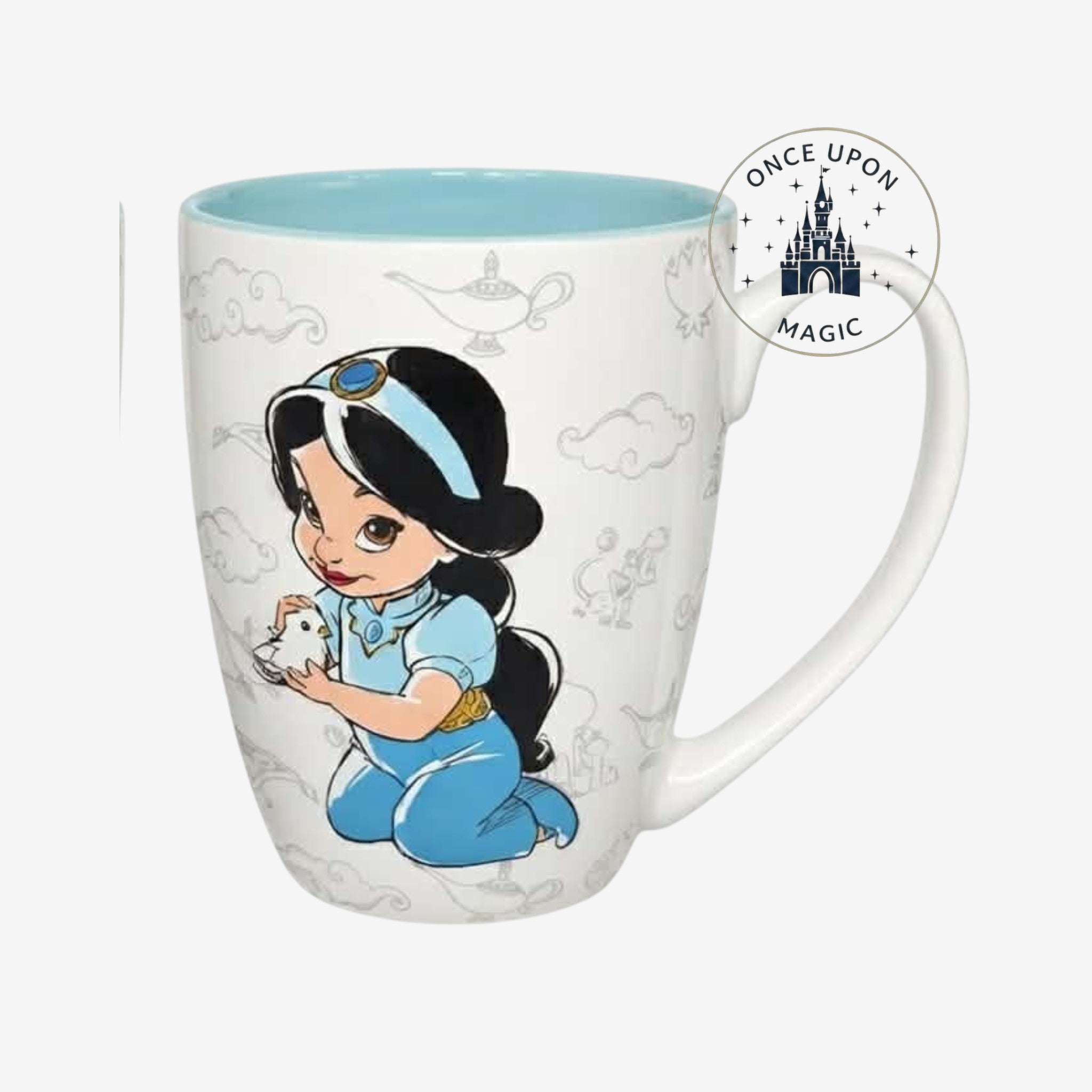 Once Upon Magic white ceramic mug with Princess Jasmine and Rajah, pastel blue interior. Features Jasmine with tiger Rajah and a bird.