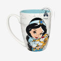 Once Upon Magic white ceramic mug with Princess Jasmine and Rajah, featuring a pastel blue interior and magical oriental designs.
