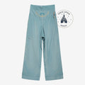 Once Upon Magic blue wide-leg pants with high waist and delicate lotus embroidery on the front, inspired by Princess Jasmine.