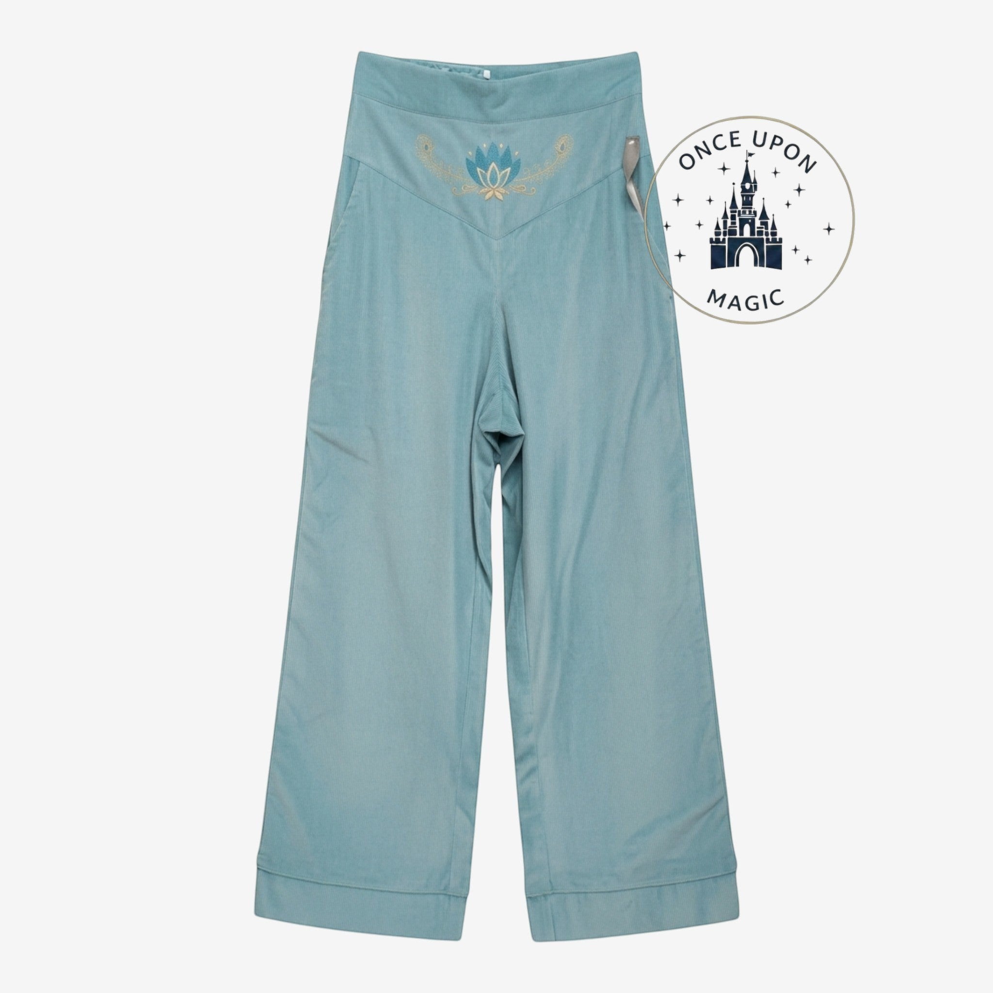 Once Upon Magic light blue wide-leg pants with high waist and delicate lotus embroidery on the front.