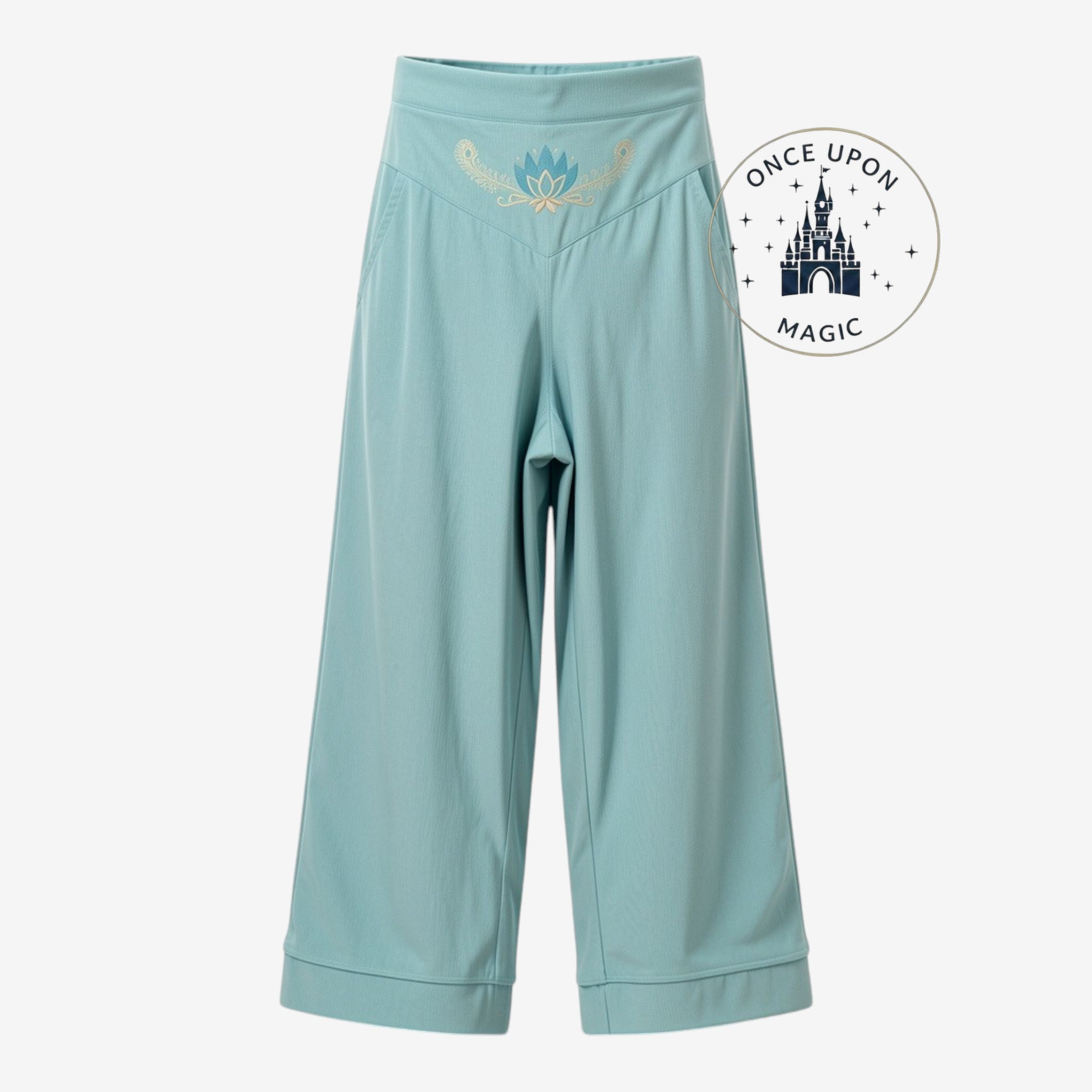 Once Upon Magic Her Universe Disney Princess Jasmine wide-leg pants in teal blue with a delicate lotus embroidery.