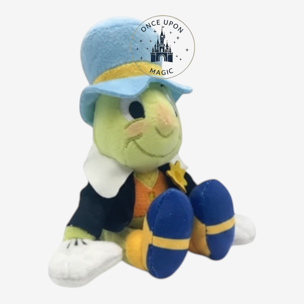 Once Upon Magic Jiminy Cricket shoulder plush from Pinocchio wearing a blue top hat, black coat, and gold star badge.