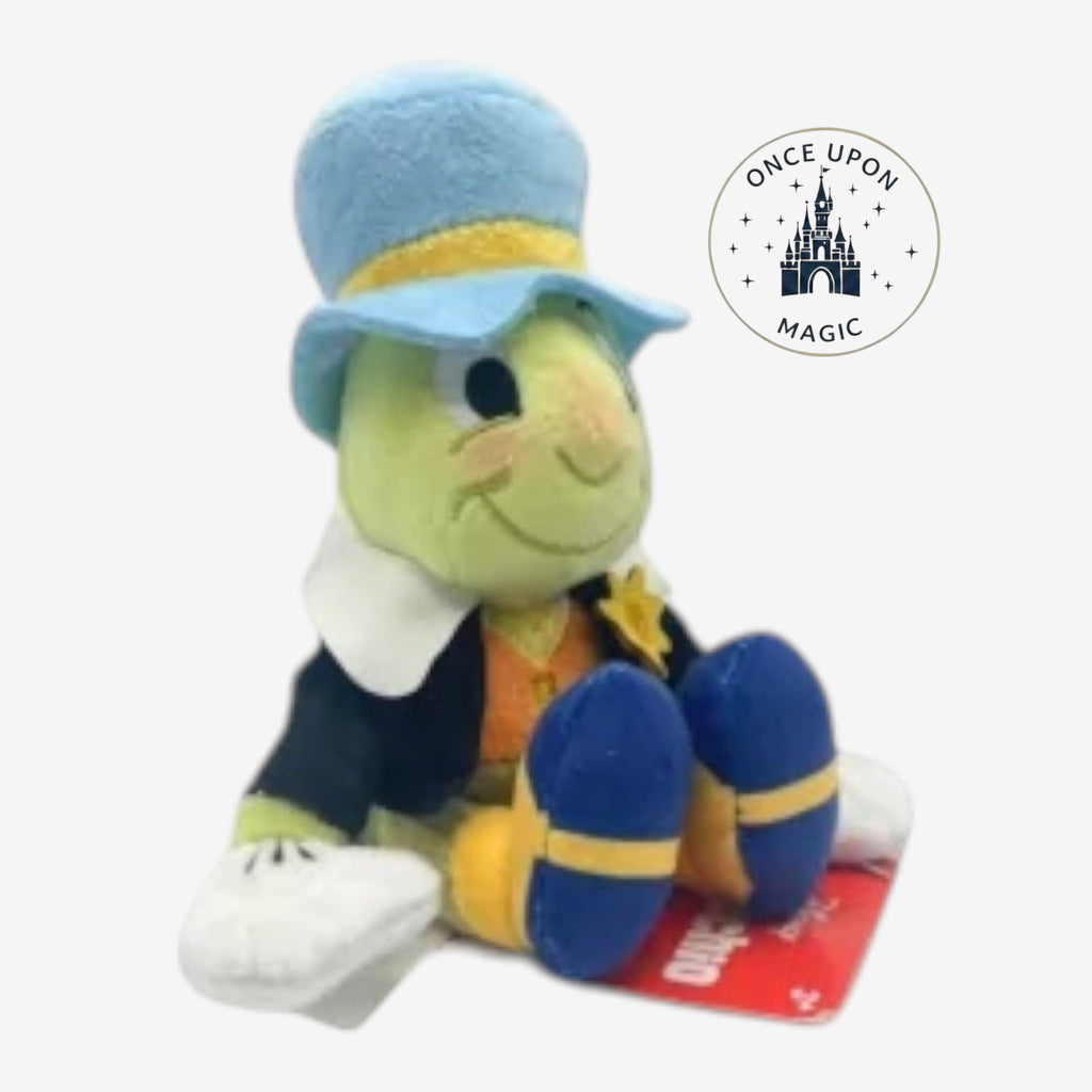 Once Upon Magic Jiminy Cricket shoulder plush from Pinocchio wearing a blue hat, black coat, and gold star badge.