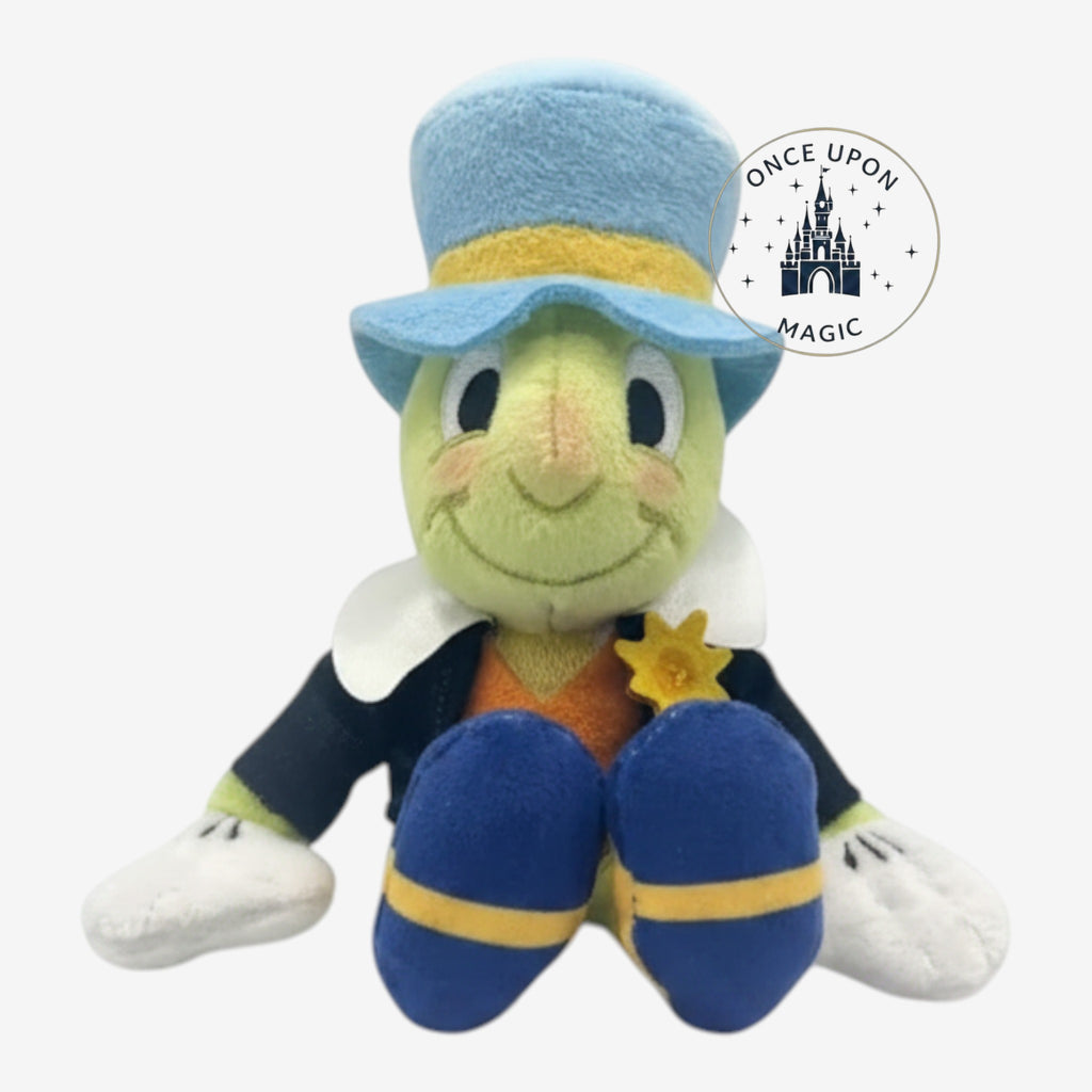 Once Upon Magic Jiminy Cricket shoulder plush from Pinocchio wearing a blue hat, black coat, and gold star badge.