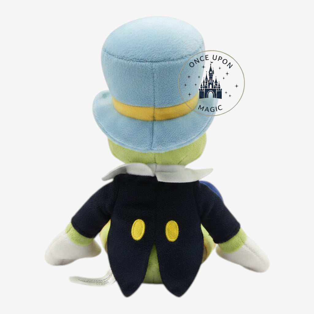 Once Upon Magic Jiminy Cricket shoulder plush from Pinocchio wearing a blue top hat and black tailcoat, back view.