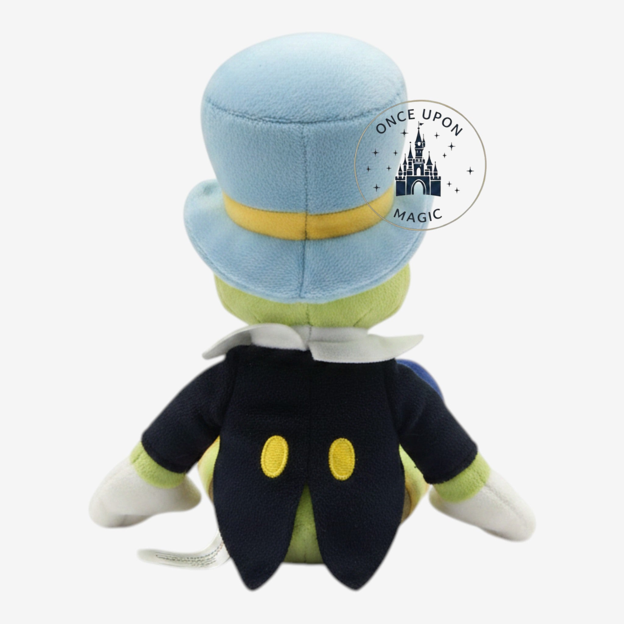 Once Upon Magic Jiminy Cricket shoulder plush from Pinocchio wearing a blue top hat and black tailcoat, back view.