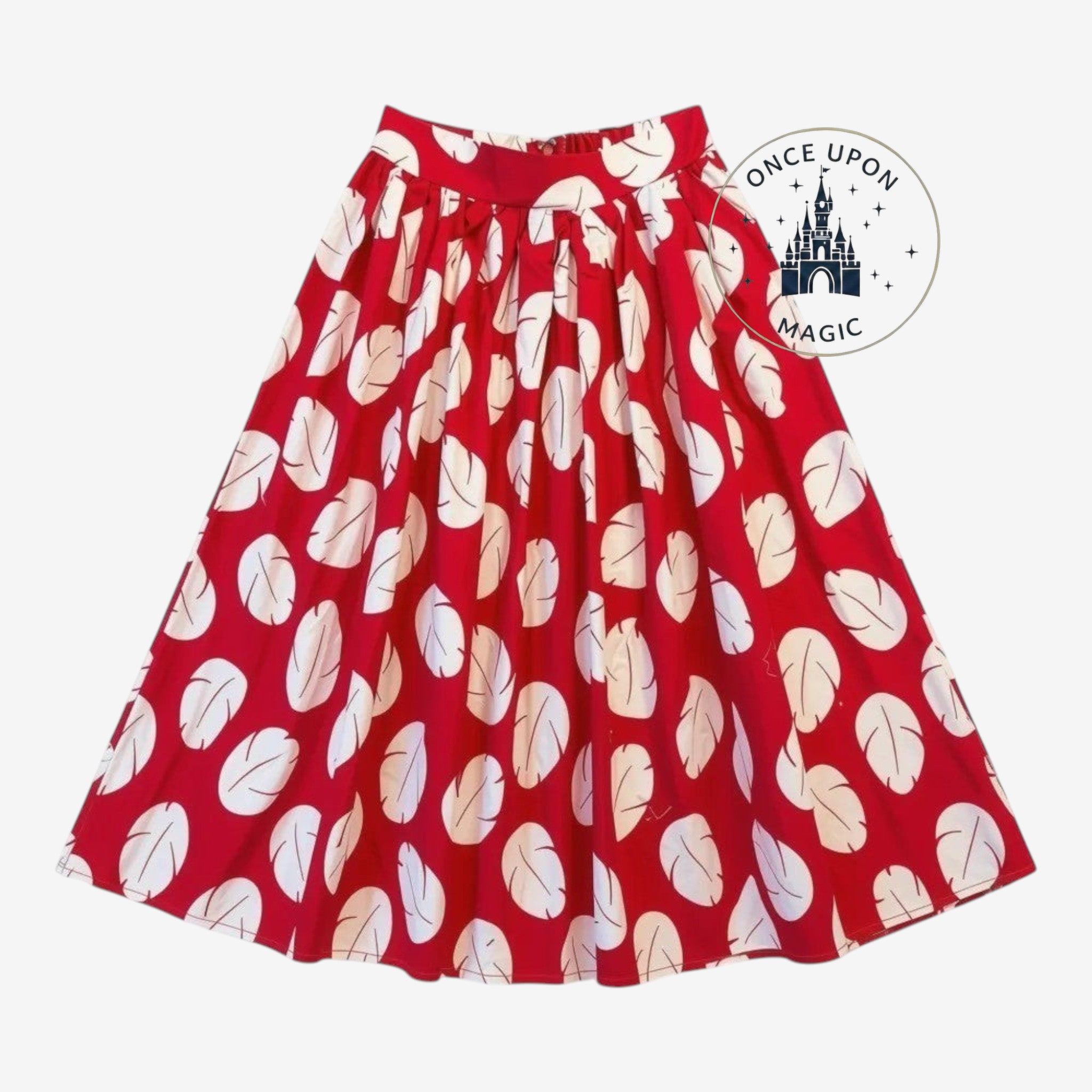 Jupe longue rouge à imprimé feuilles blanches de Once Upon Magic. Taille élastiquée, style évasé et tropical.