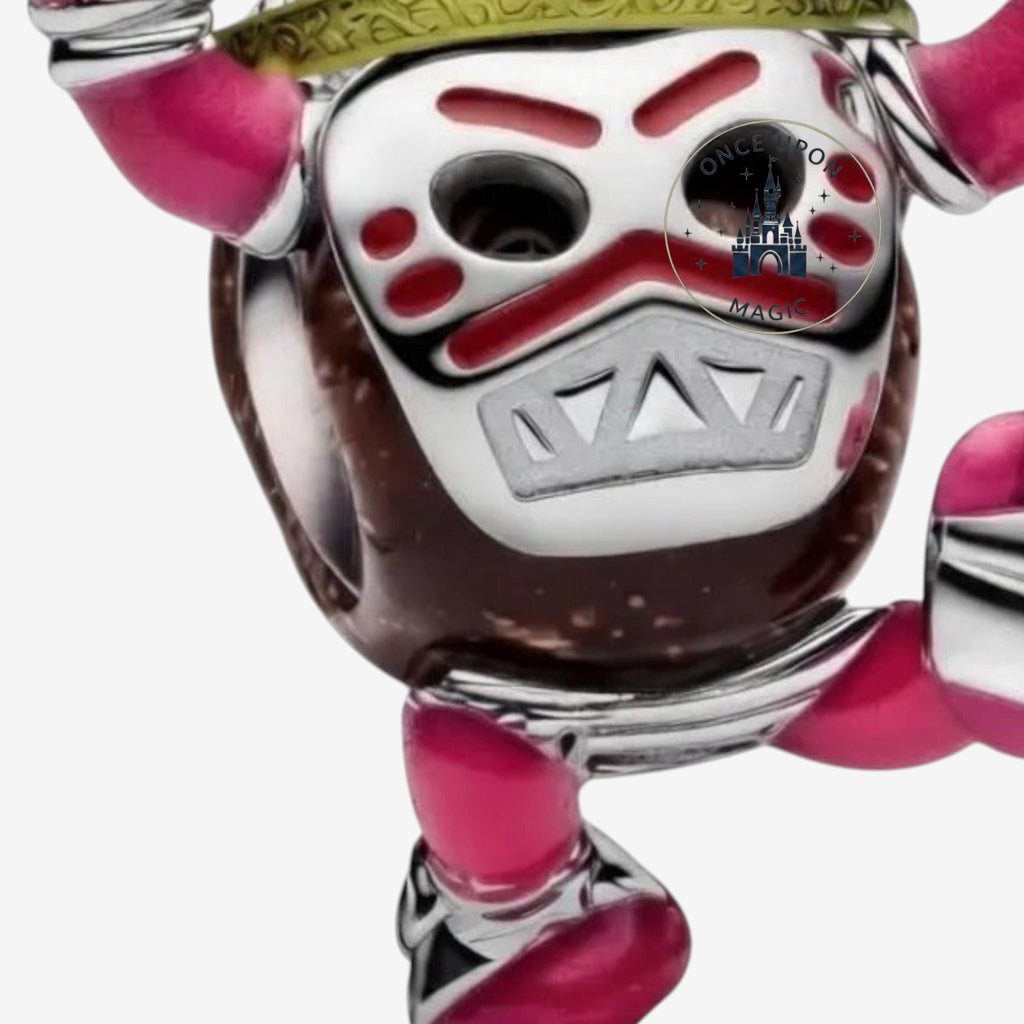 Once Upon Magic Kakamora charm from Pandora x Disney, made of natural coconut fiber with pink and silver accents.