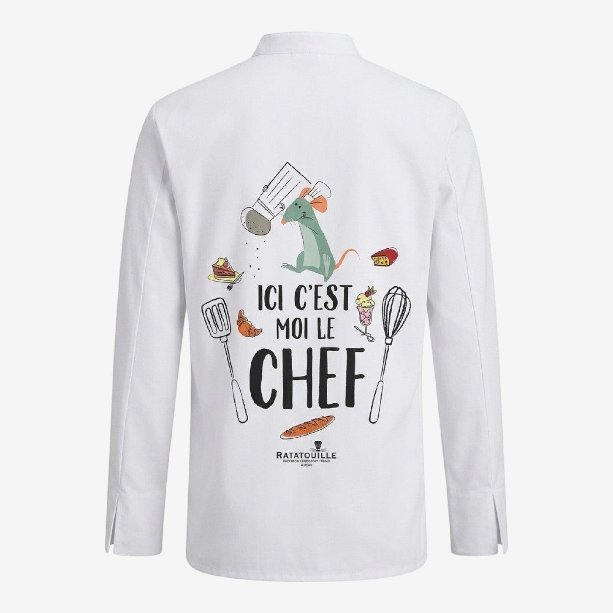 Once Upon Magic white kids chef jacket with Ratatouille theme. Features Remy graphic, culinary icons, and "ICI C'EST MOI LE CHEF" text.
