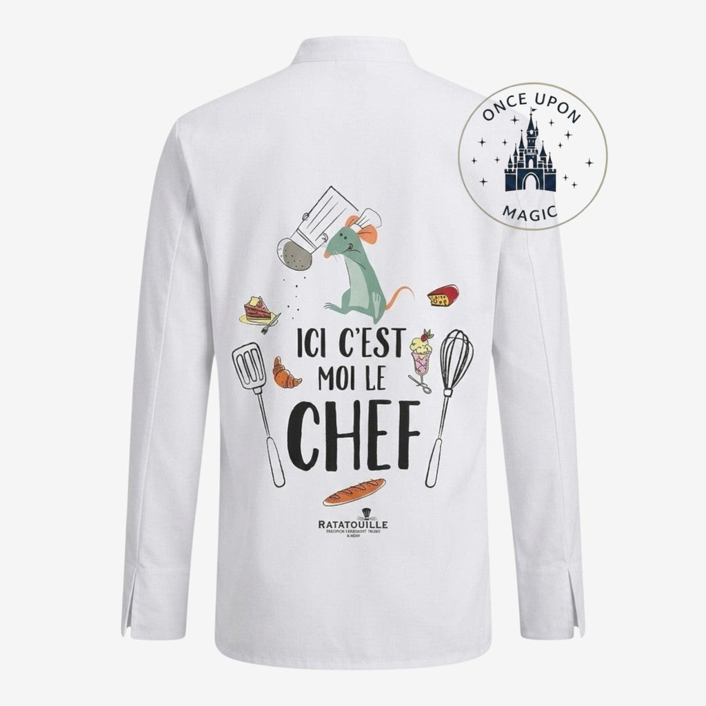 Once Upon Magic white kids chef jacket with Ratatouille theme. Features Remy graphic, culinary icons, and "ICI C'EST MOI LE CHEF" text.