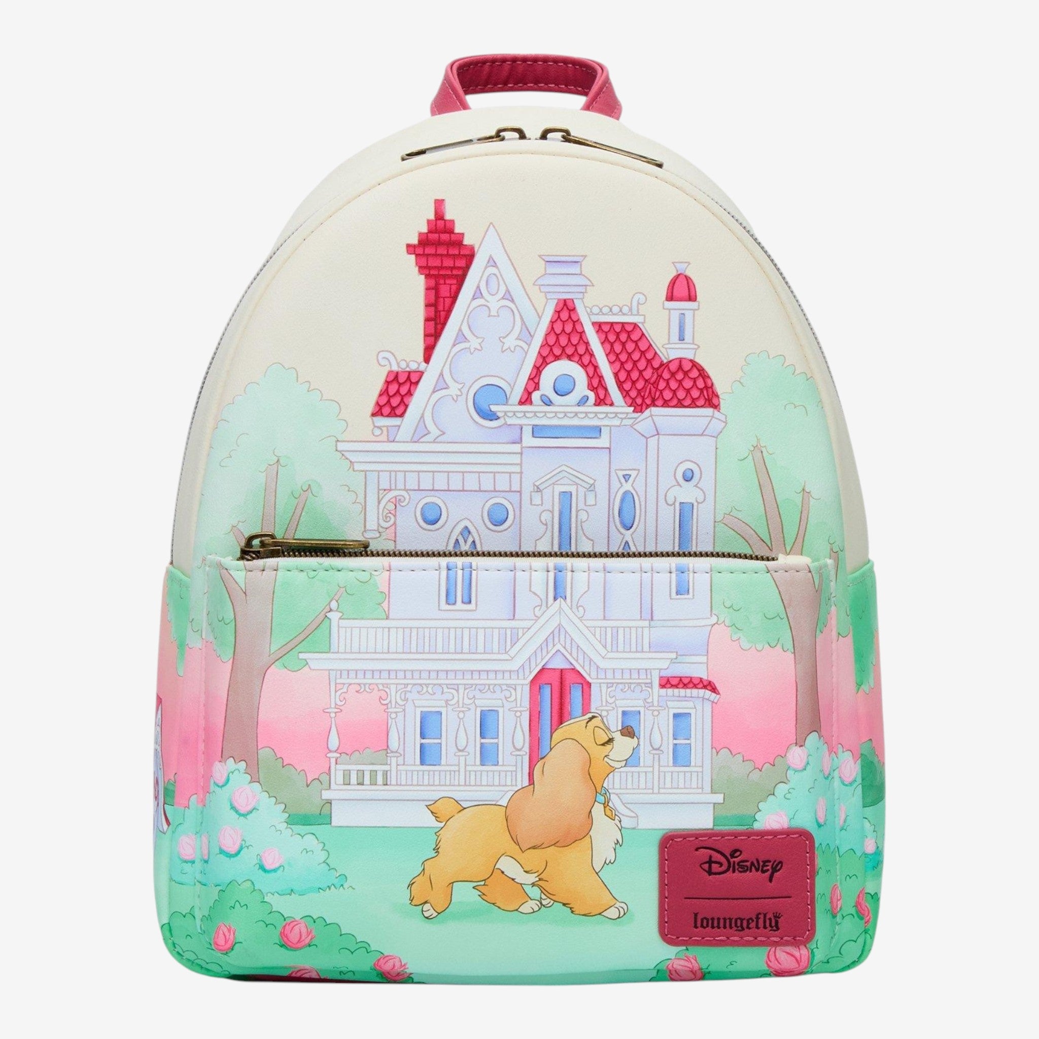 Once Upon Magic Loungefly mini backpack featuring Lady from Lady and the Tramp in a garden with a Victorian house. Faux leather.