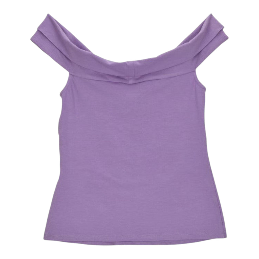 Once Upon Magic lavender cotton off-the-shoulder top with draped neckline and gold seashell embellishment.