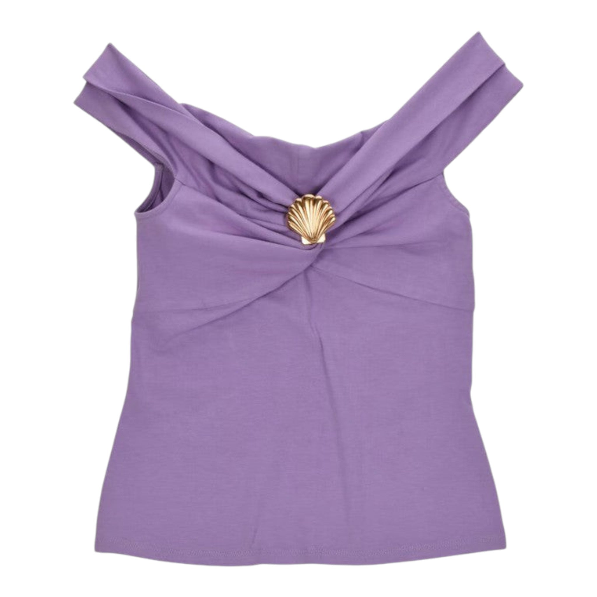Once Upon Magic lavender cotton off-the-shoulder top with draped neckline and gold seashell embellishment.