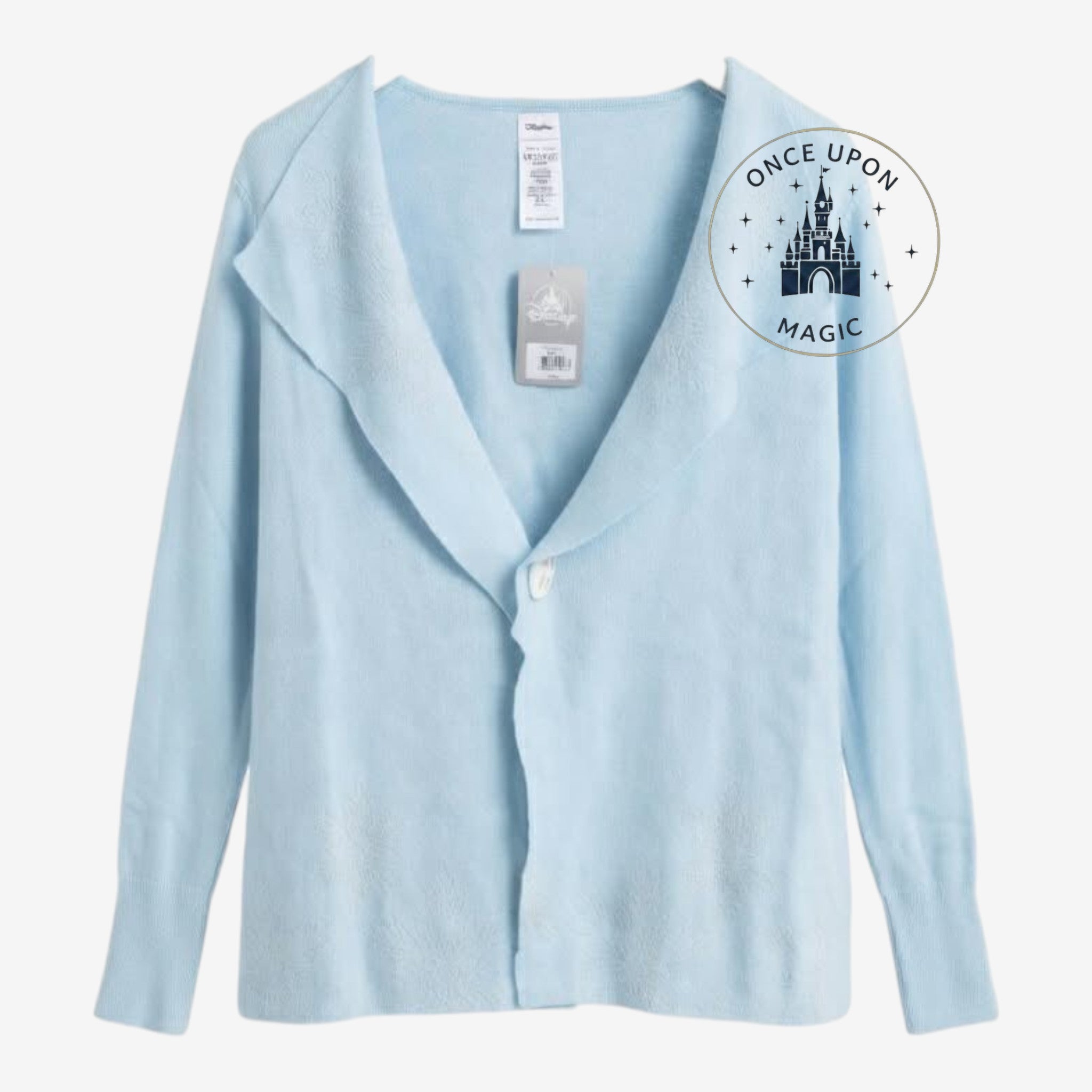 Once Upon Magic light blue Disney Princess inspired lightweight knit cardigan with a shawl collar and single button.
