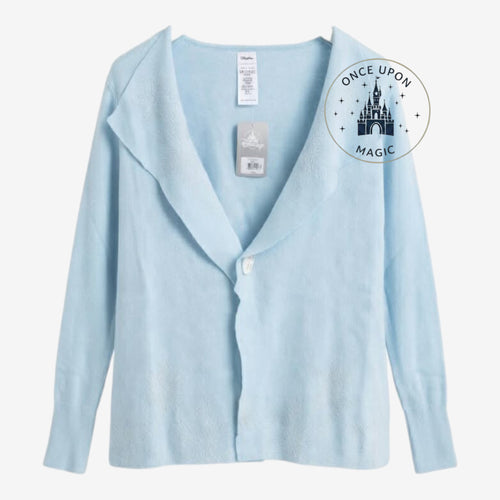 Once Upon Magic light blue Disney Princess inspired lightweight knit cardigan with a shawl collar and single button.