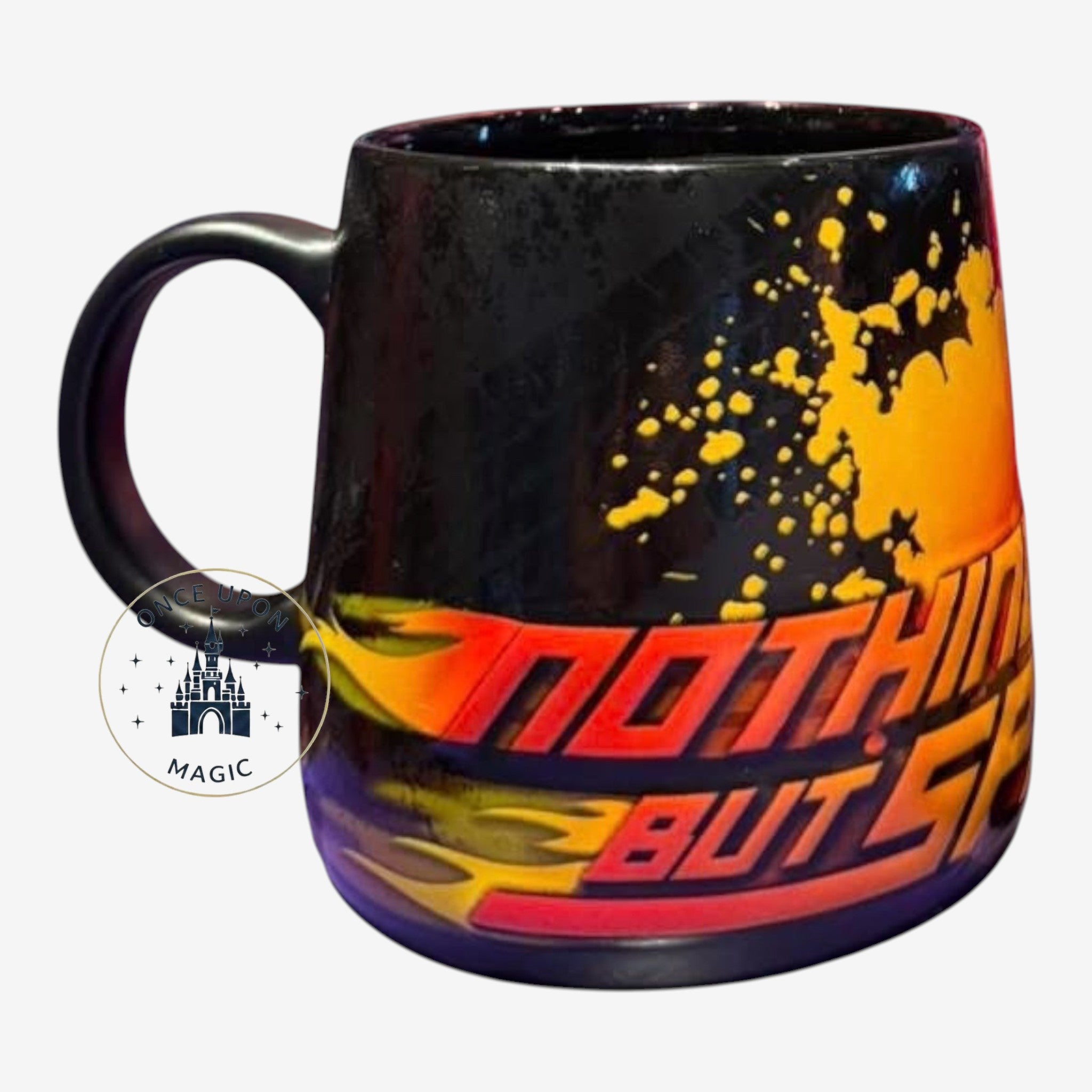 Once Upon Magic Disney Pixar Cars Lightning McQueen mug featuring black ceramic, yellow paint splatter, and flames.
