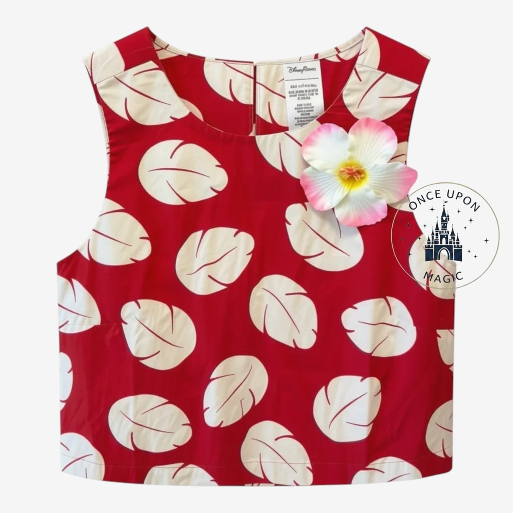 Once Upon Magic red Lilo & Stitch Disneybound crop top with white leaf print and hibiscus flower detail.
