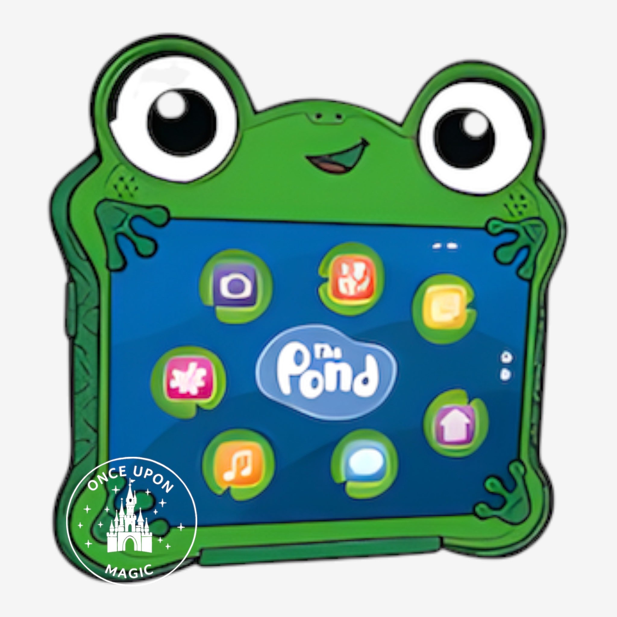Once Upon Magic LilyPad toy tablet for kids, green frog design with interactive buttons and screen.