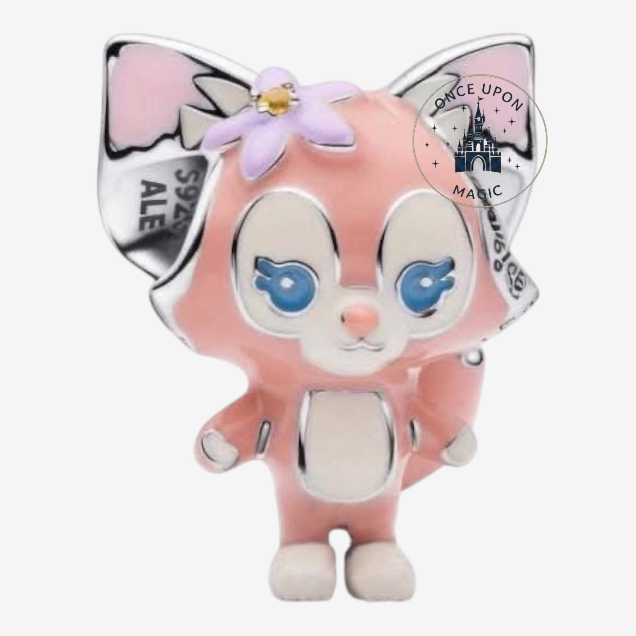 Once Upon Magic pink enamel Linabelle fox charm with blue eyes and a purple flower on its head, part of the Pandora x Disney collection.