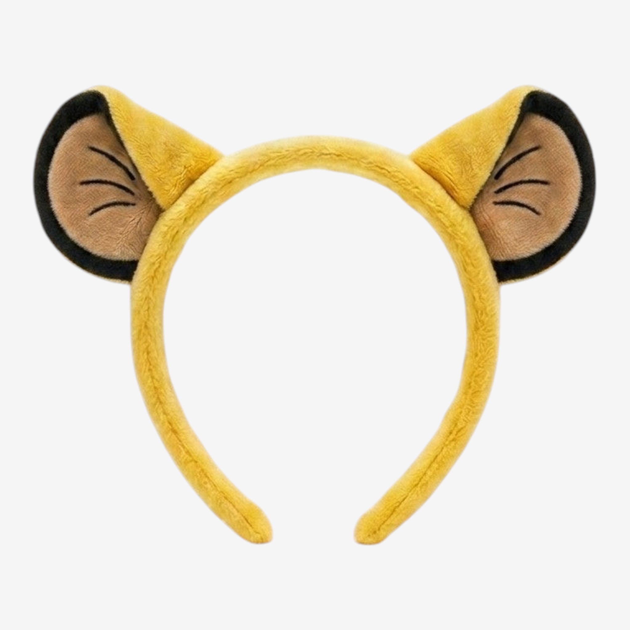 Once Upon Magic yellow plush lion cub ears headband with tan inner ears and black trim. Costume accessory.