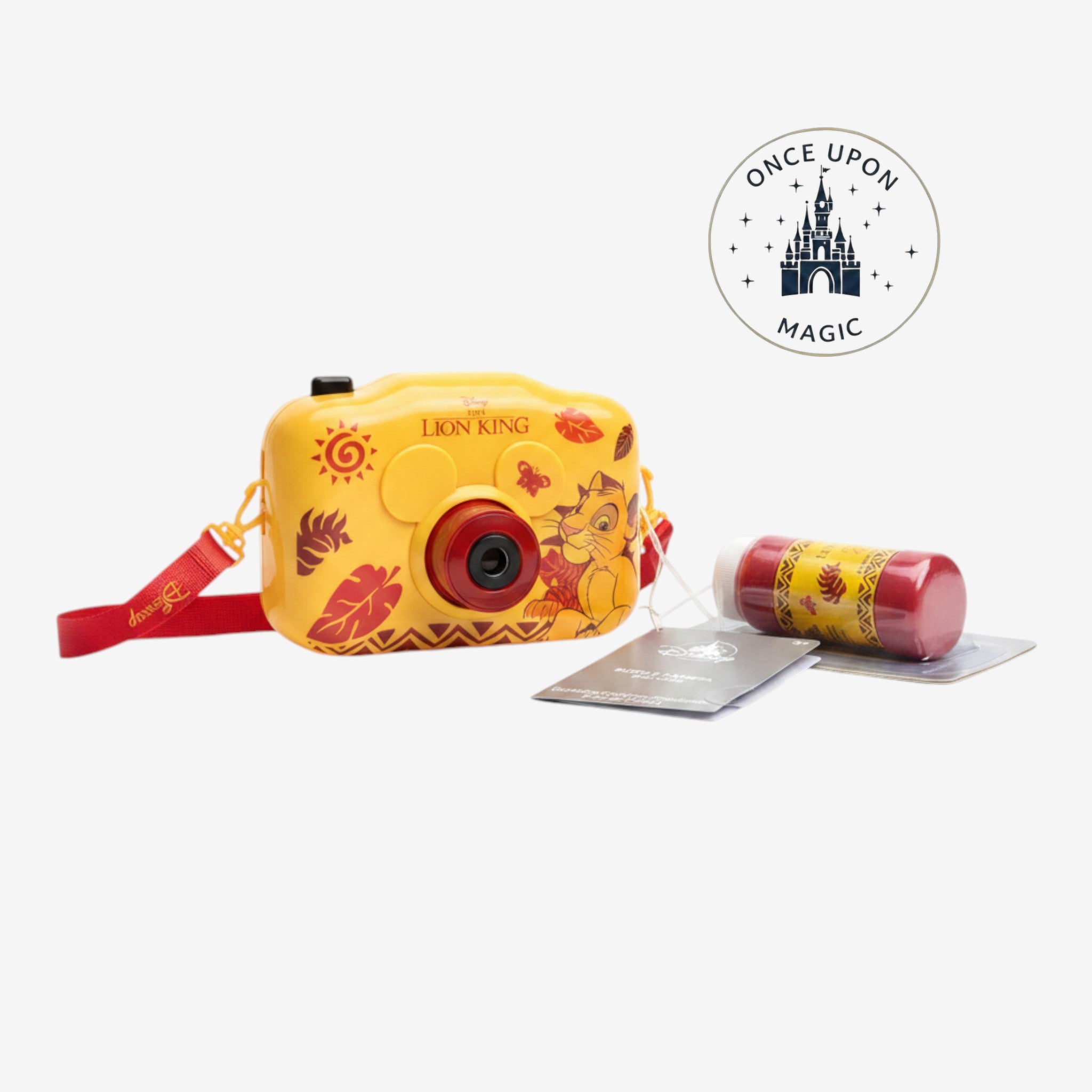 Once Upon Magic The Lion King bubble camera in yellow and red featuring Simba, Timon, and Pumbaa with a refill bottle.