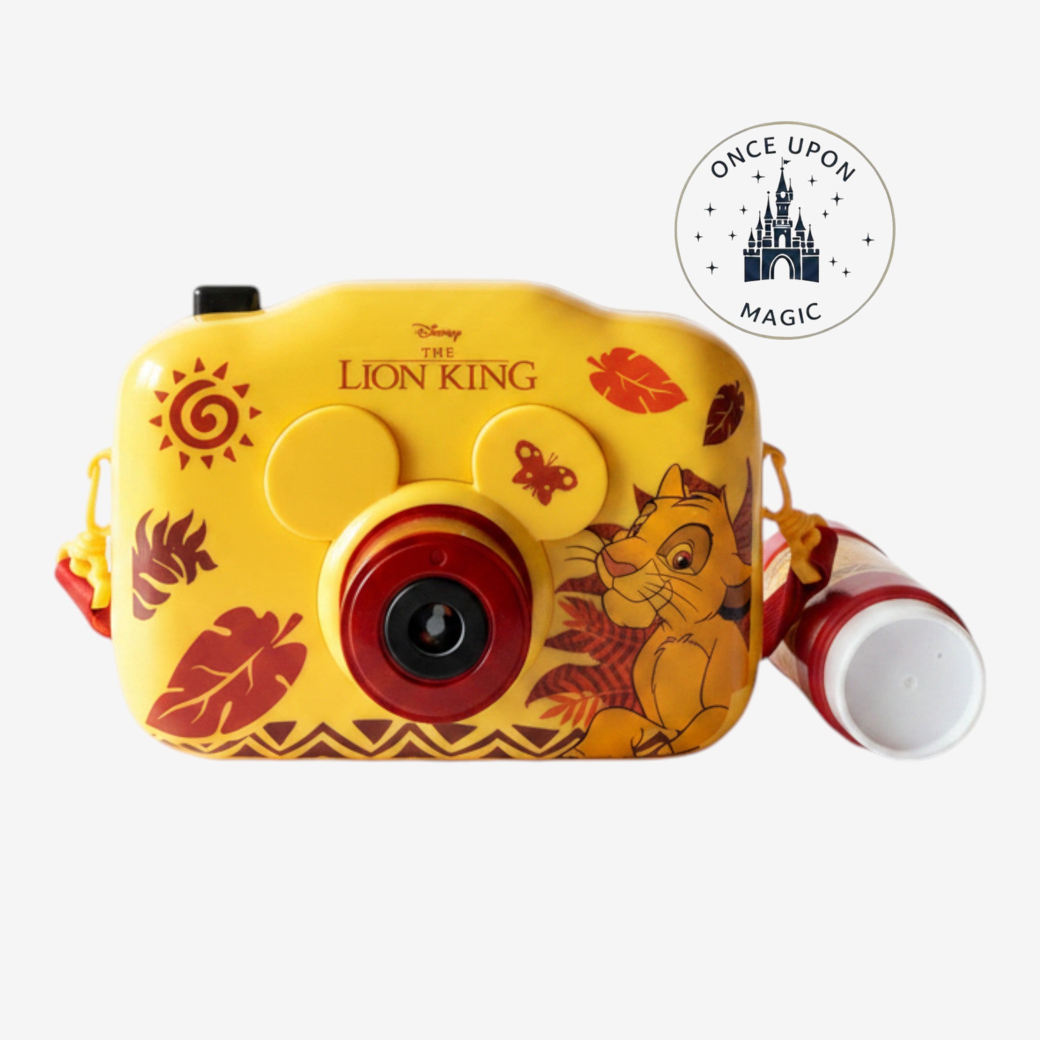 Once Upon Magic The Lion King bubble camera in yellow and red featuring Simba, Timon, and Pumbaa with a bubble bottle