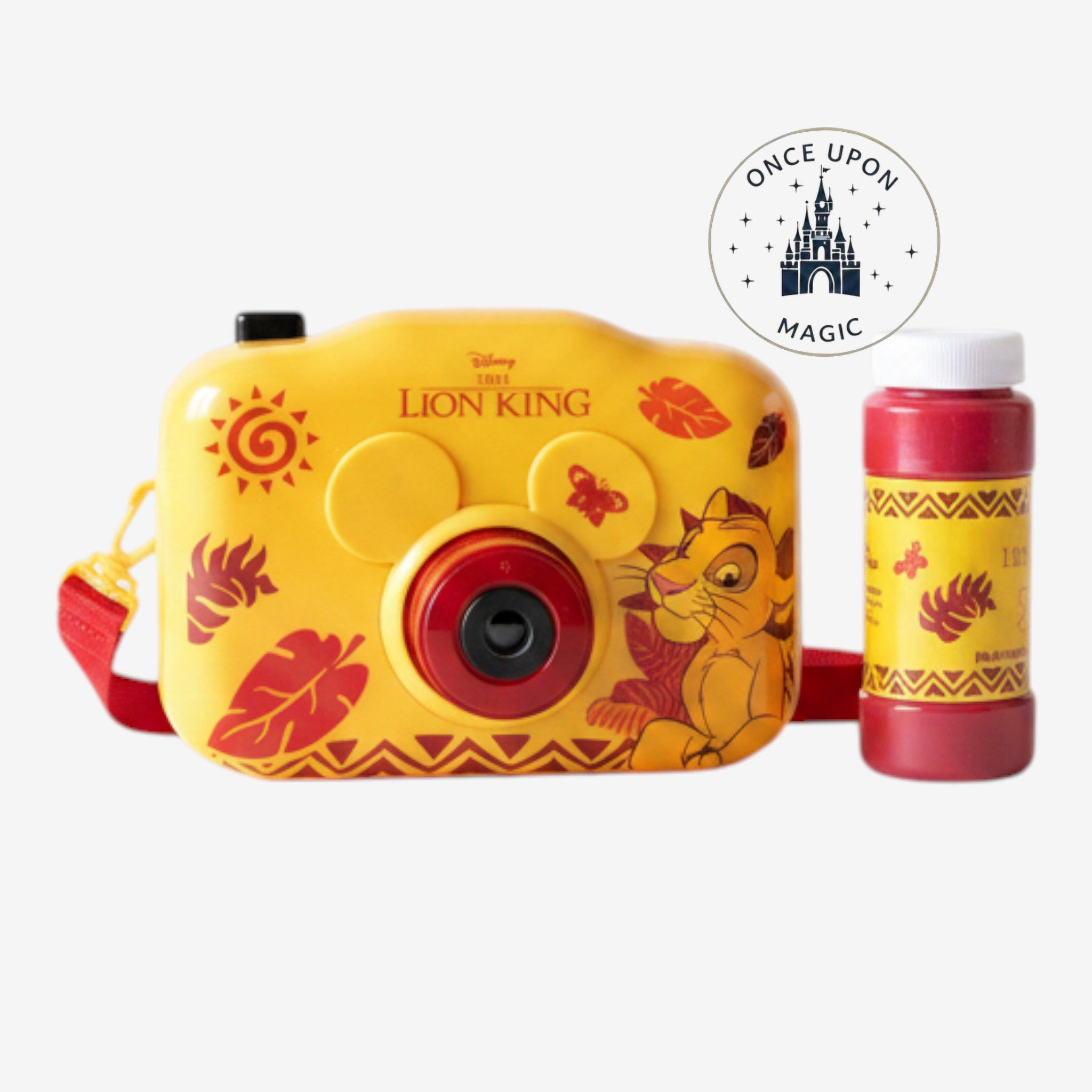 Once Upon Magic The Lion King bubble camera in yellow and red featuring Simba, Timon, and Pumbaa with bubble solution.