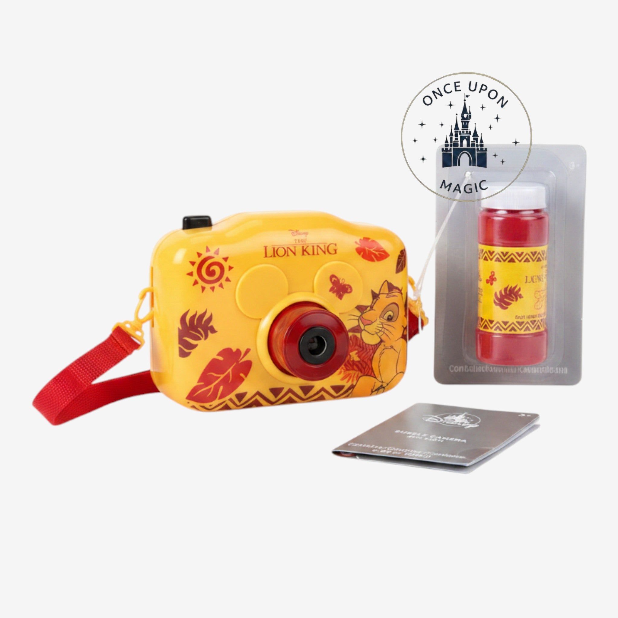Once Upon Magic The Lion King bubble camera in yellow and red with Simba, Timon, and Pumbaa, includes bubble solution.