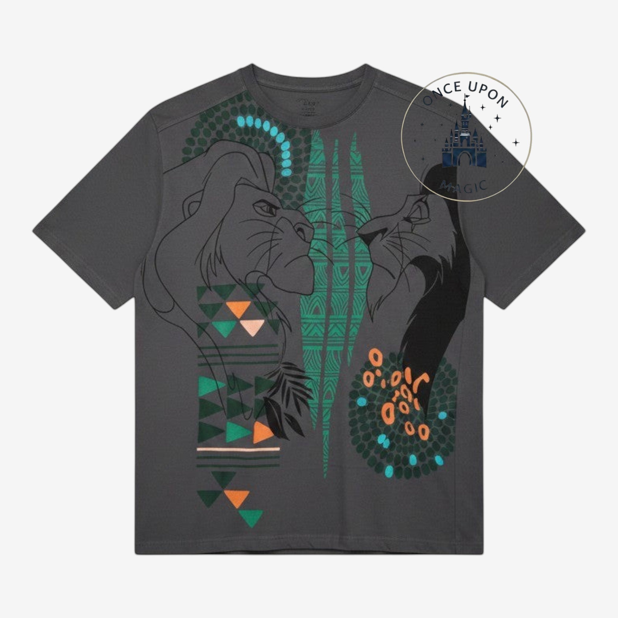 Once Upon Magic charcoal grey Lion King t-shirt featuring artistic Simba and Scar graphic with teal and orange accents.