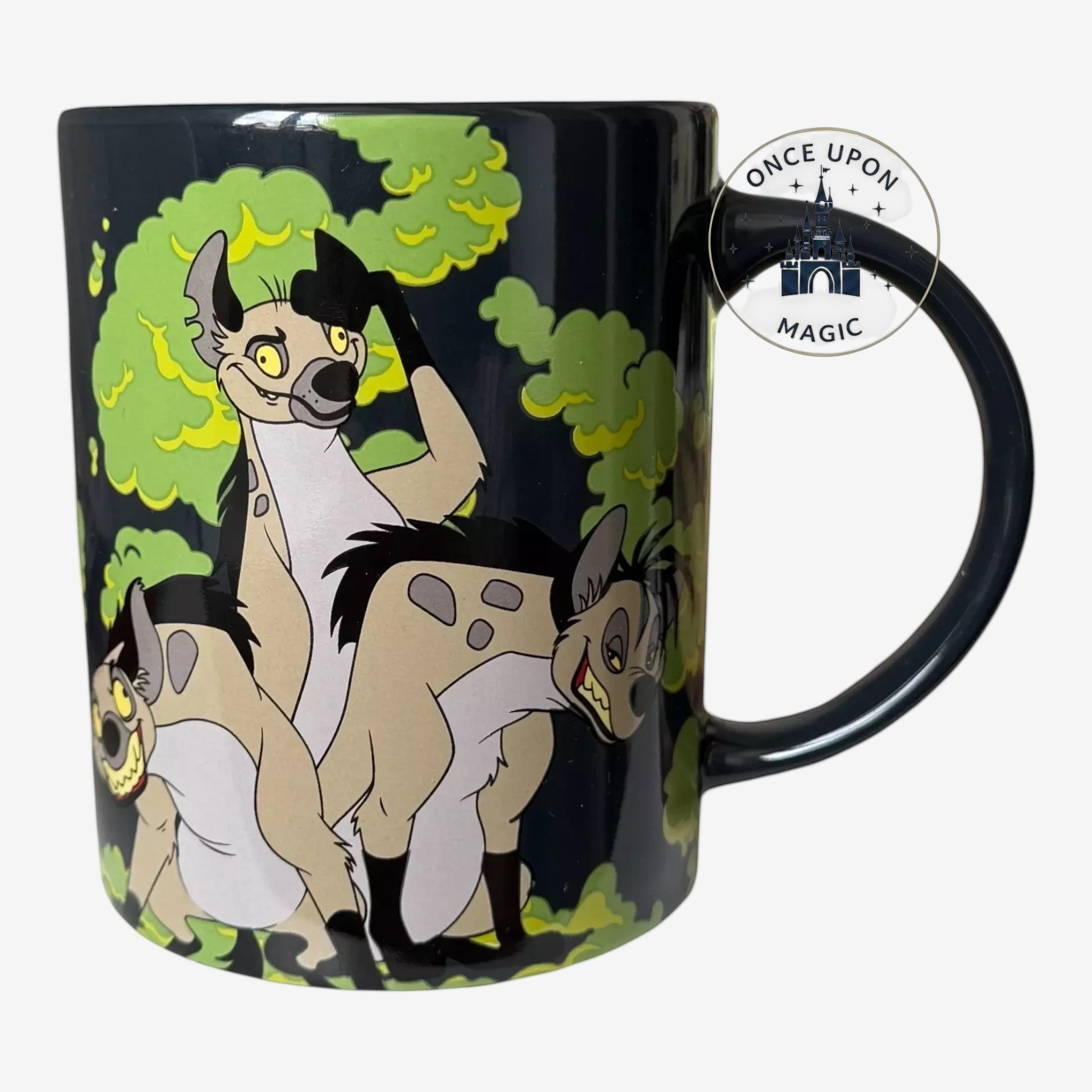 Once Upon Magic Disney Lion King mug featuring Scar's hyenas in green and black, official Disneyland Paris design.