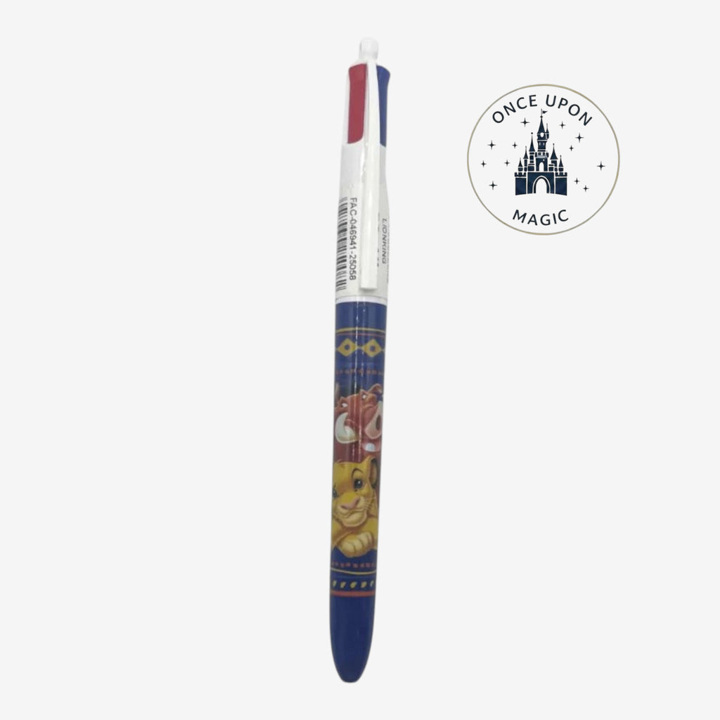 Once Upon Magic The Lion King multi-color retractable pen featuring Simba, Timon, and Pumbaa on a blue barrel.