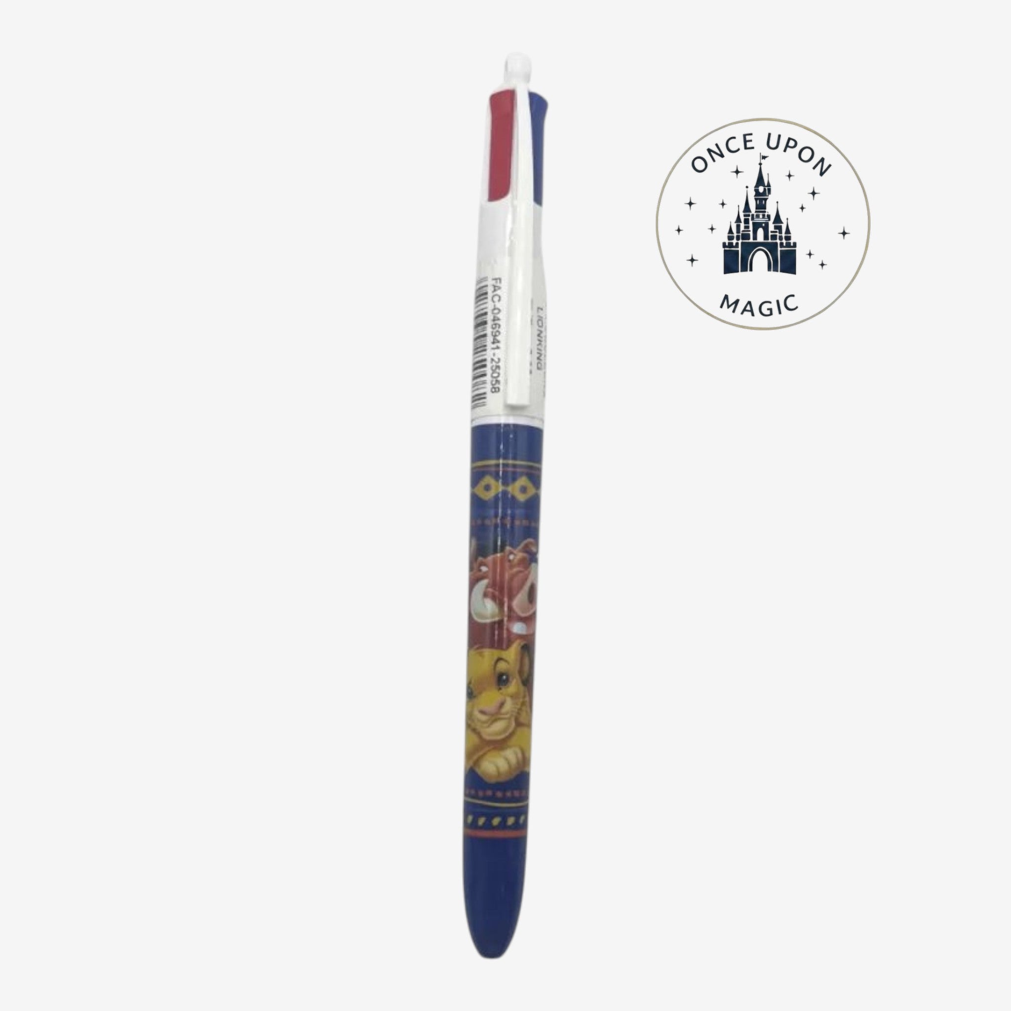 Once Upon Magic The Lion King multi-color retractable pen featuring Simba, Timon, and Pumbaa on a blue barrel.