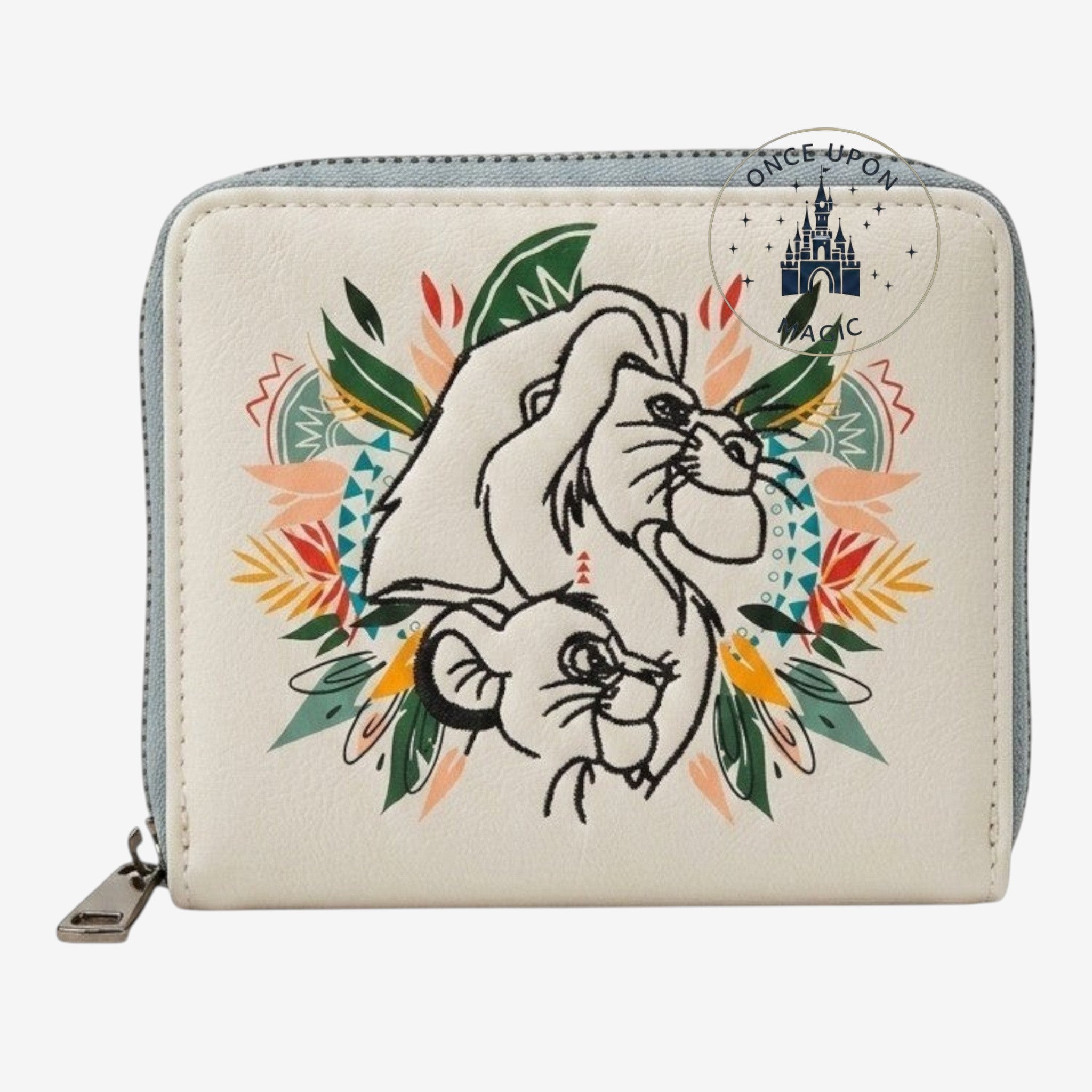 Once Upon Magic The Lion King wallet featuring embroidered Simba and Mufasa with tribal floral accents on a cream background.