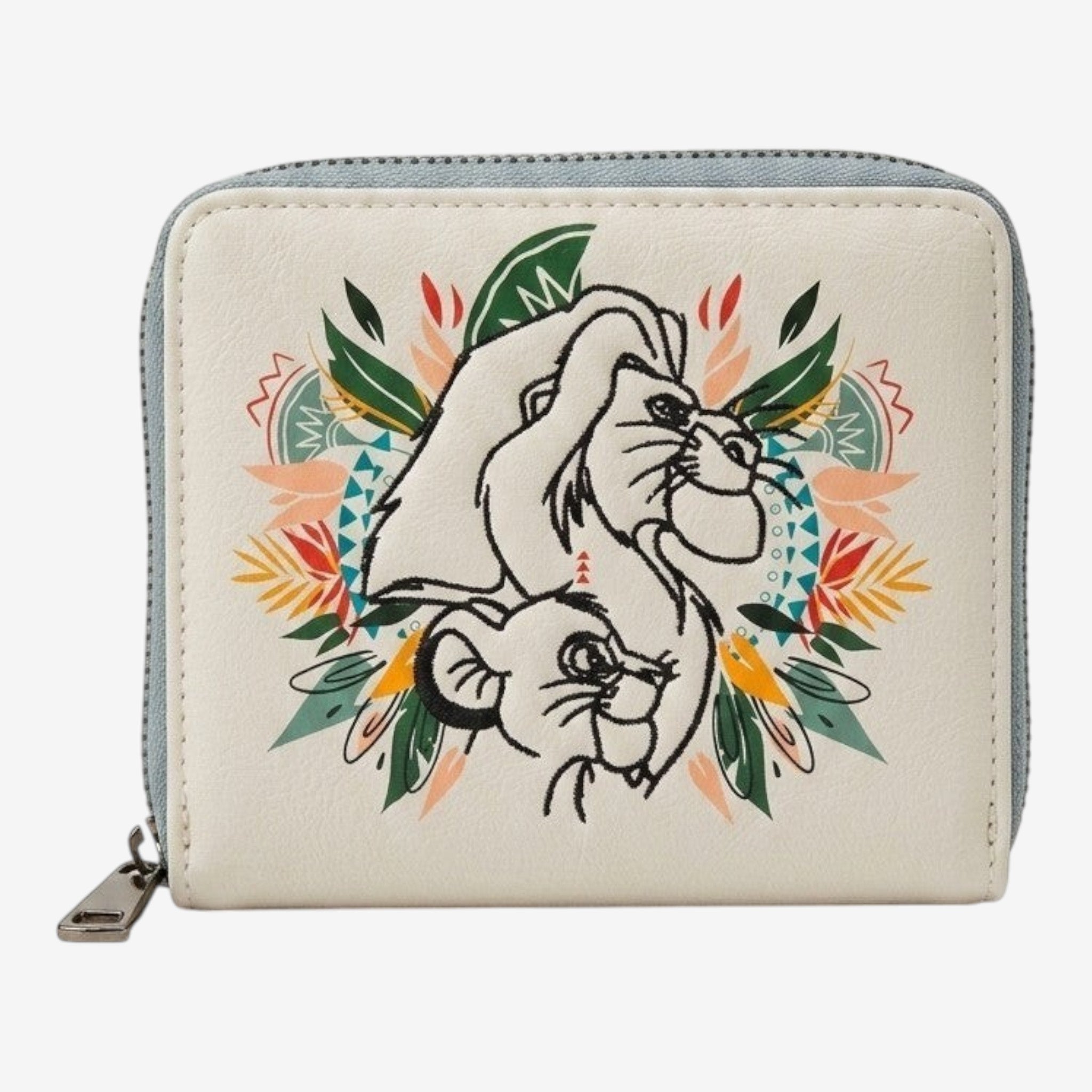 Once Upon Magic The Lion King wallet featuring embroidered Simba and Mufasa with tribal floral accents on a cream background.