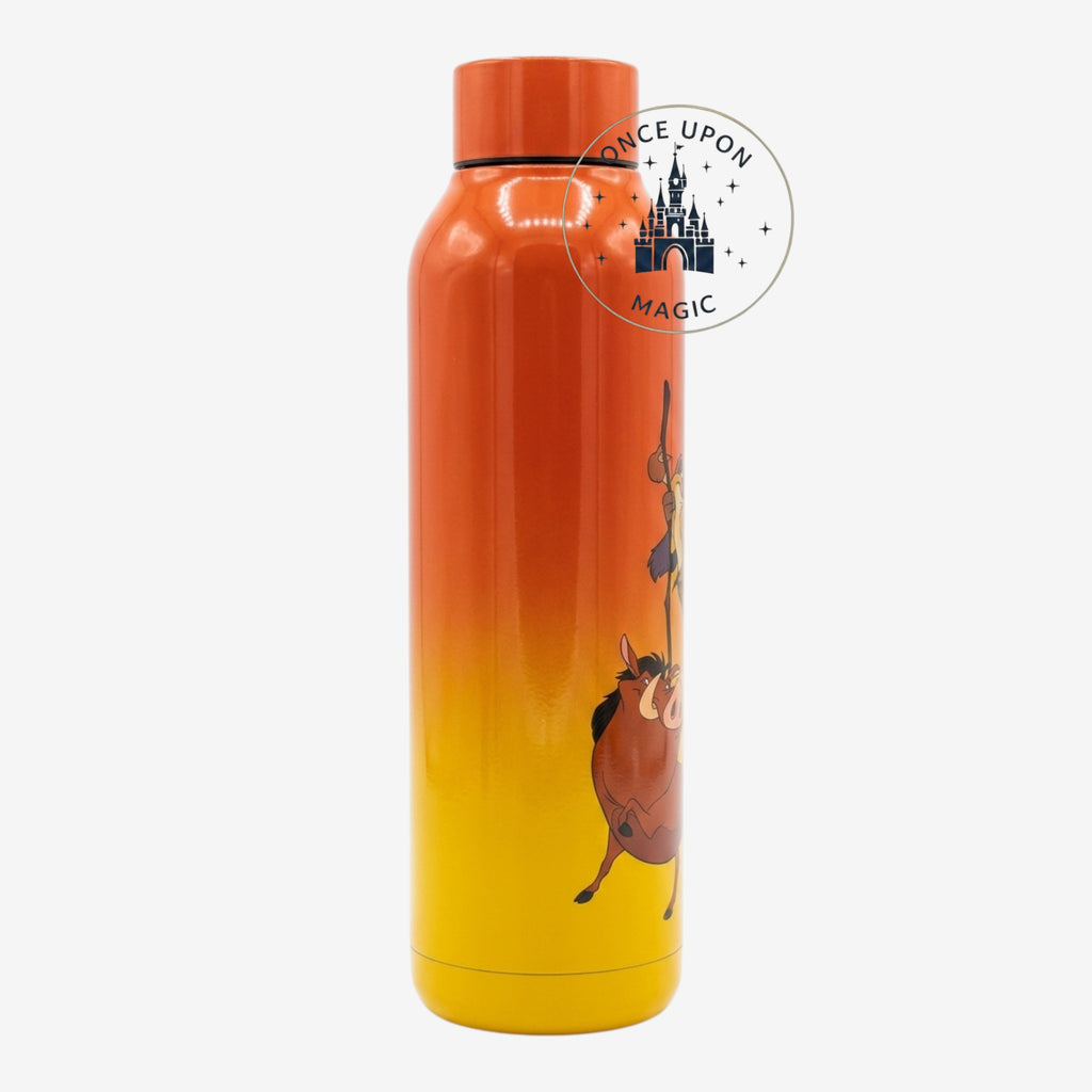 Once Upon Magic The Lion King Simba and Pumbaa water bottle with orange and yellow gradient.