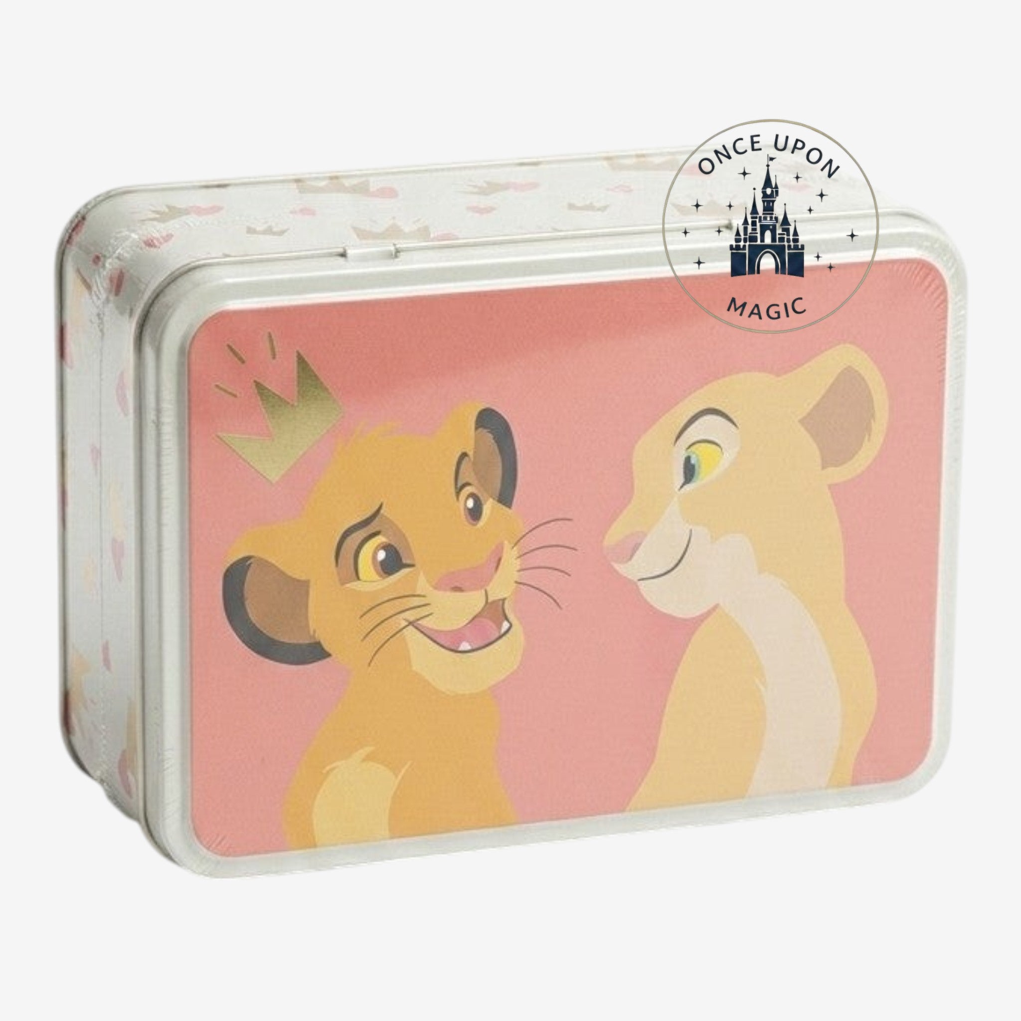 Once Upon Magic The Lion King tin lunch box with Simba and Nala on a pink background, featuring hearts and crowns.