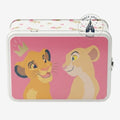 Once Upon Magic The Lion King tin lunch box with Simba and Nala on a pink background, adorned with hearts and crowns.