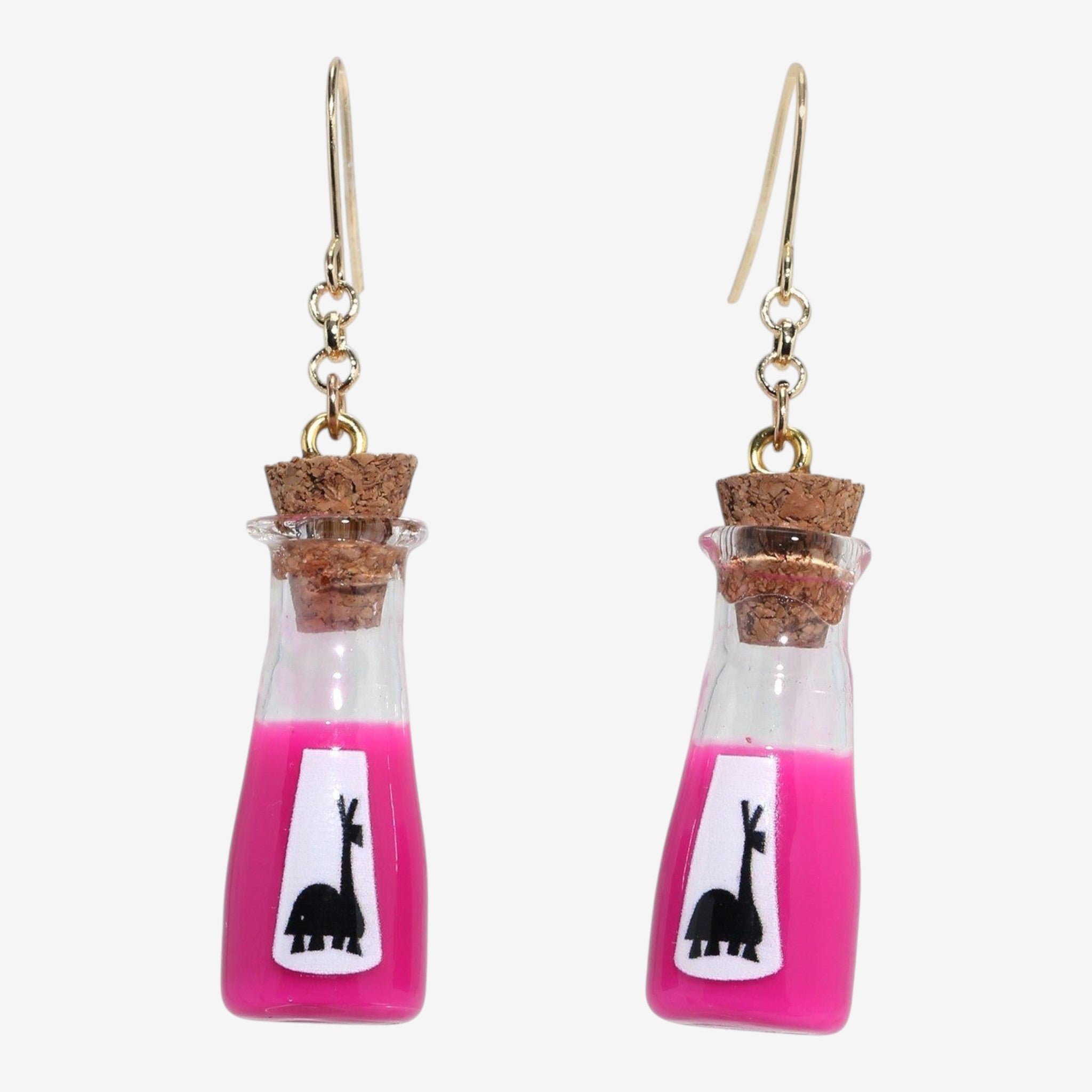 Once Upon Magic Disney Kuzco Emperor's New Groove llama potion bottle drop earrings with pink liquid and cork stoppers.