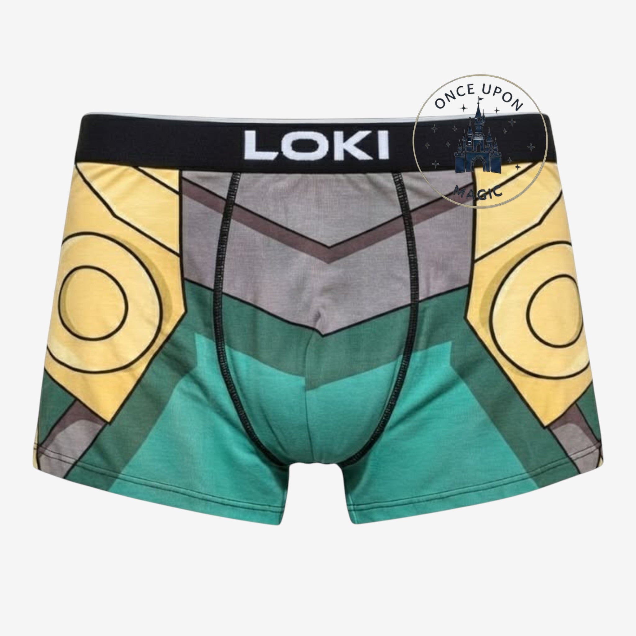 Once Upon Magic boxer briefs with Loki's Asgardian armor design in green, gold, and grey with a black waistband that says LOKI.