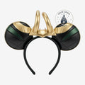 Once Upon Magic Loki ears headband with gold horns and black and green ears, inspired by Marvel.